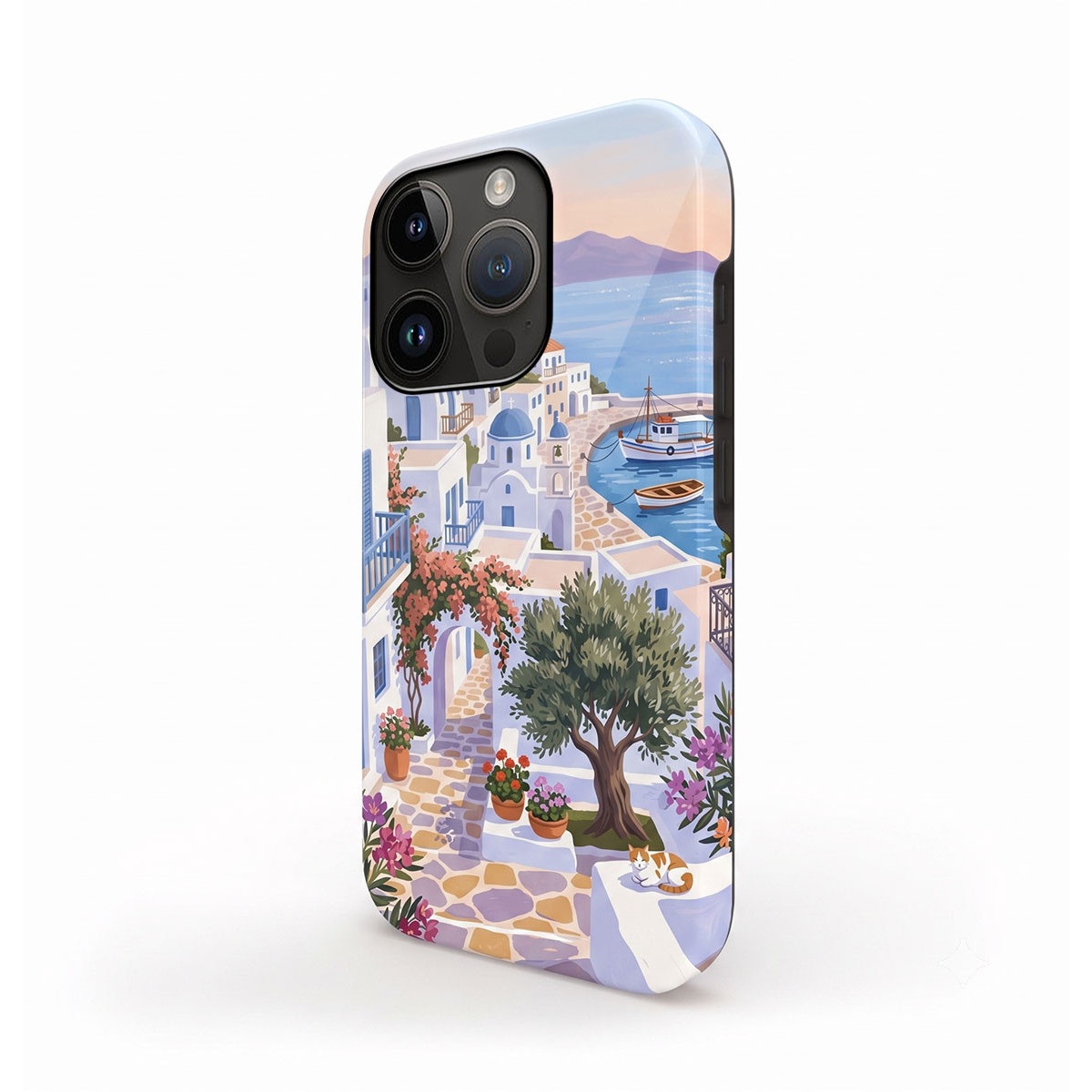 Una funda de móvil con un pueblo costero griego pintado, casas blancas, cúpulas azules, puerto y un gato.