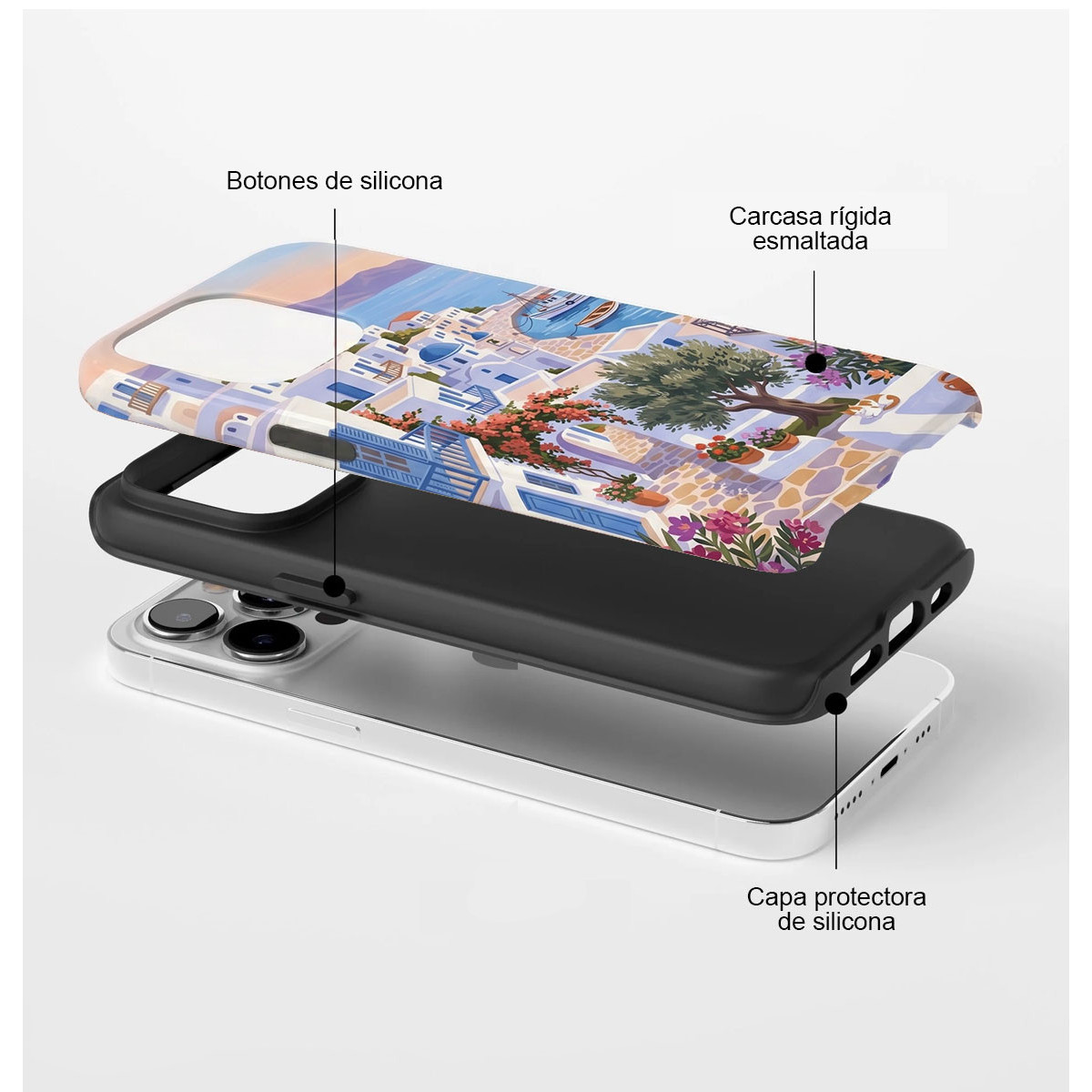 Vista explosionada de una funda de móvil con sus capas, botones de silicona y arte de isla griega.