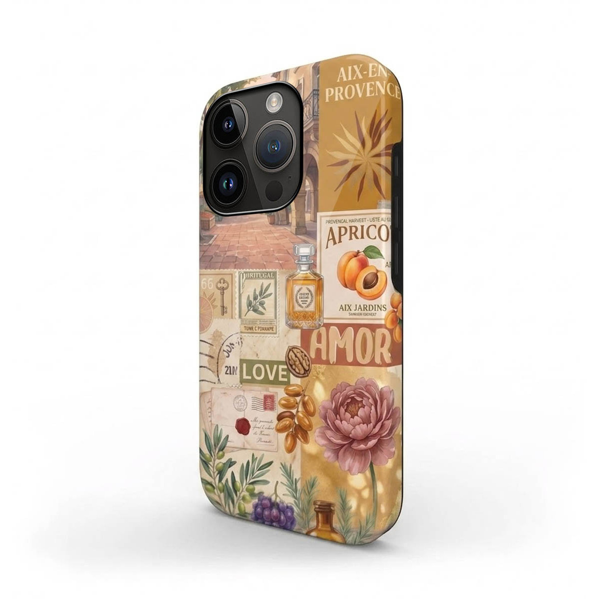 Funda de móvil con un collage vintage de melocotones, flores, etiquetas y ramas de olivo sobre fondo beige.