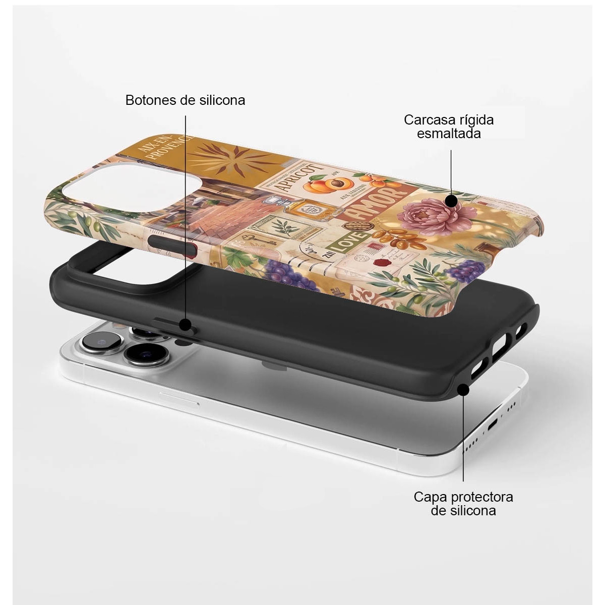 Vista explosionada de una funda con botones de silicona, carcasa esmaltada y capa protectora de silicona.