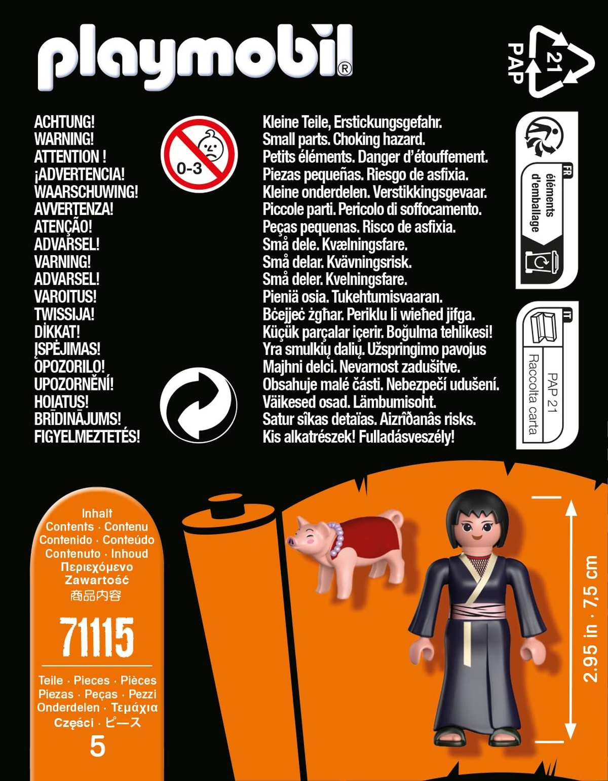 Etykiety ostrzegawcze Playmobil, zabawka ninja, mały pies i cylinder na czarnym tle.