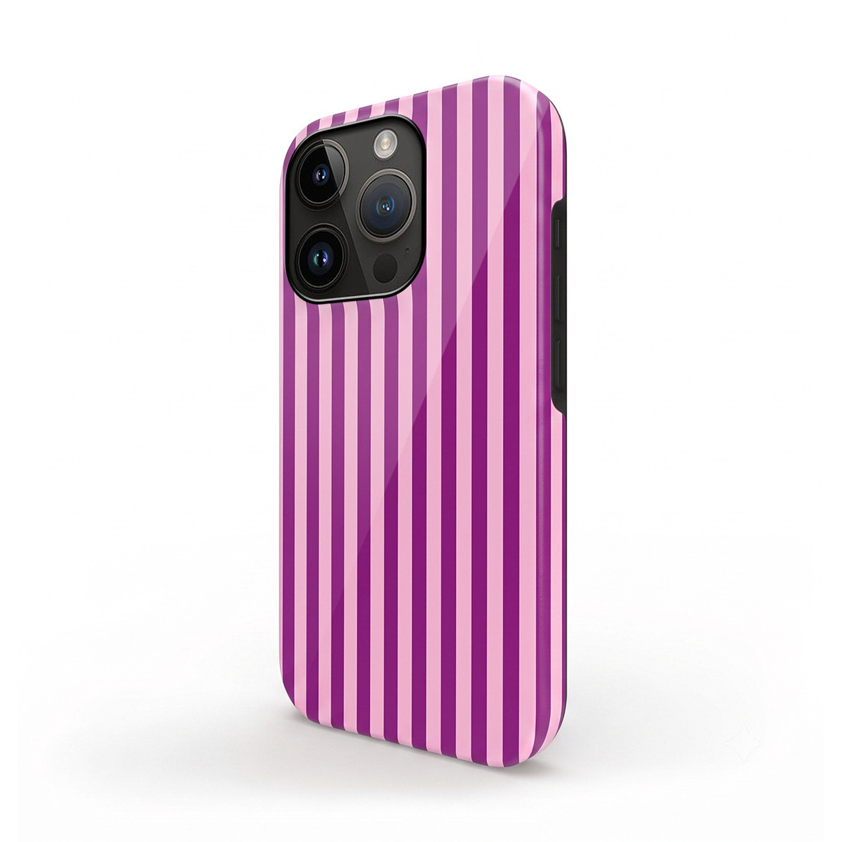 Funda de teléfono brillante con rayas verticales rosas y púrpuras sobre fondo blanco.