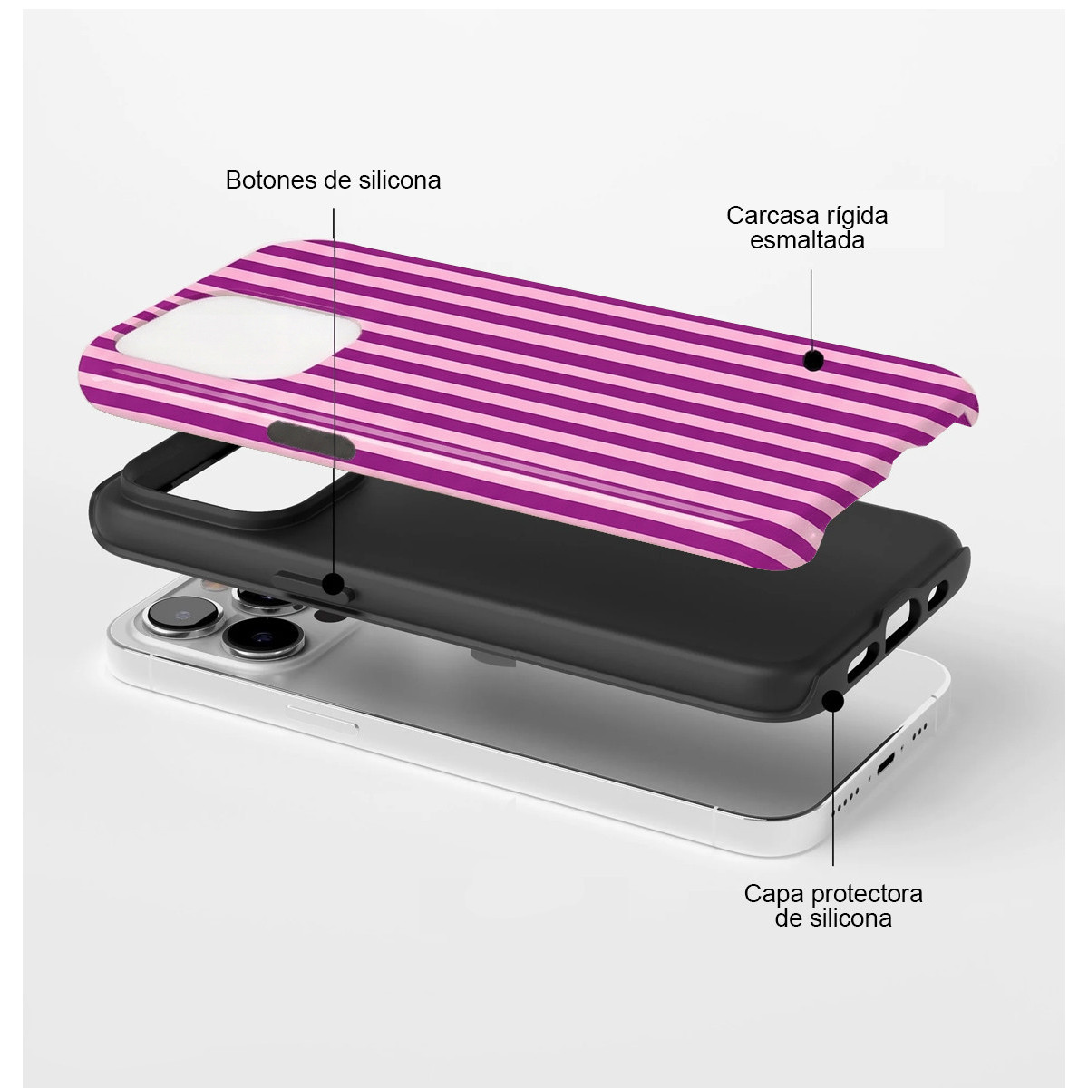 Vista explosionada de una funda de móvil con rayas moradas, capa interior negra y teléfono blanco.