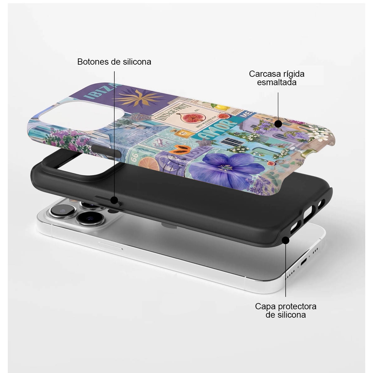Funda de móvil con collage de Ibiza, botones de silicona, capa protectora y carcasa esmaltada.