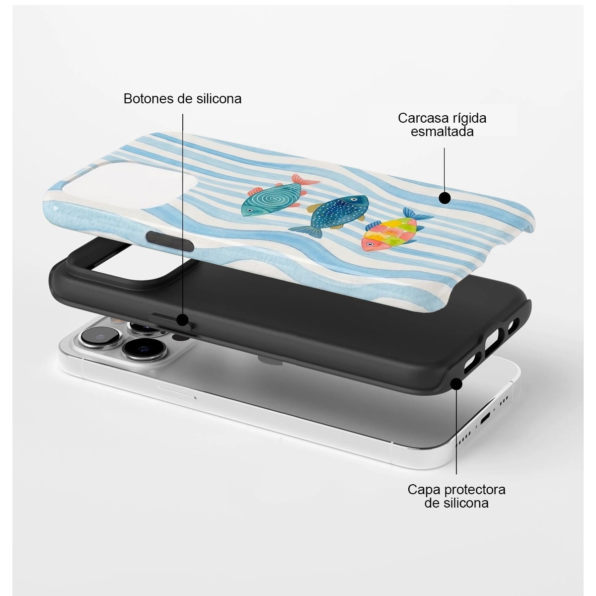 Vista explosionada de una funda de móvil con peces coloridos y capas protectoras sobre un smartphone blanco.