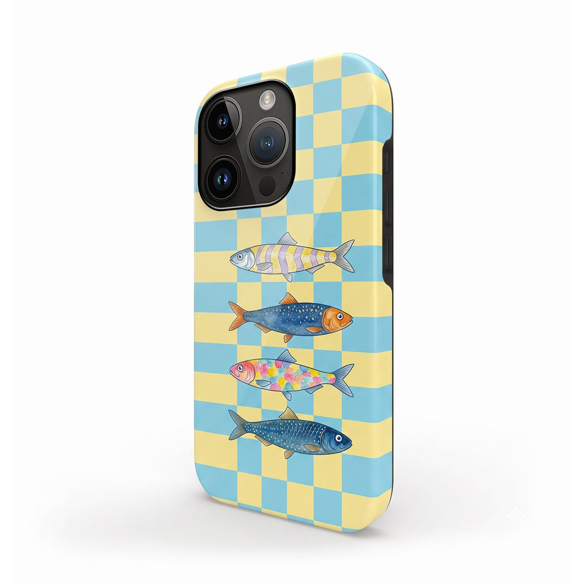 Fundatodo de móvil con patrón de cuadros azul claro y amarillo y cuatro ilustraciones de peces coloridos.