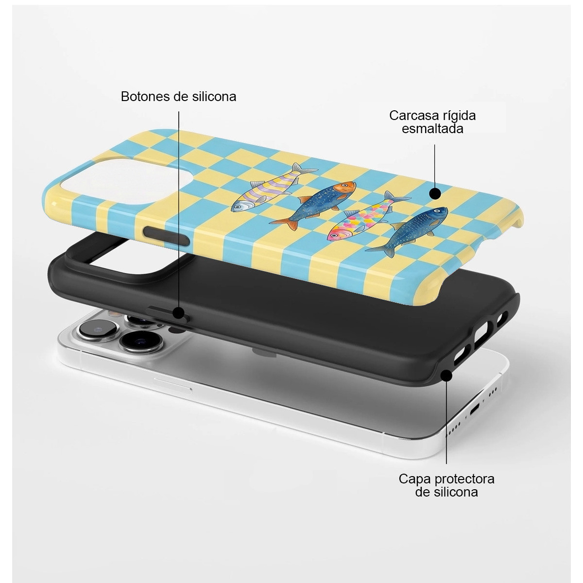 Vista explosionada de una funda con patrón de peces a cuadros, capa interior negra y un teléfono blanco.