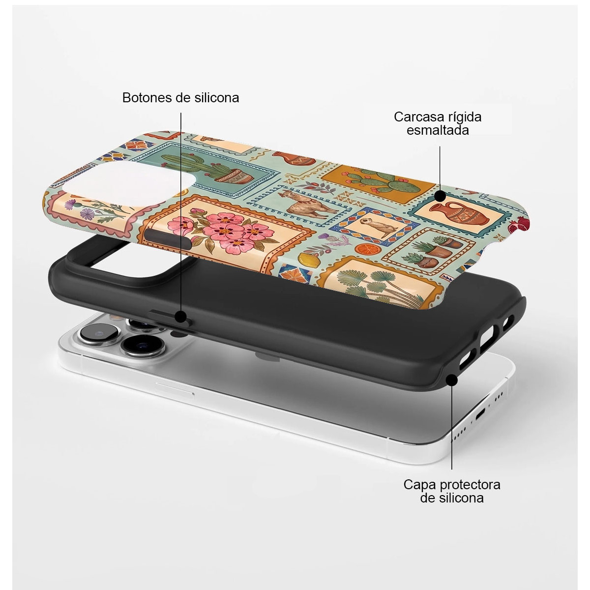 Funda de móvil con patrones de azulejos, capa de silicona y trasera esmaltada, con etiquetas en español.