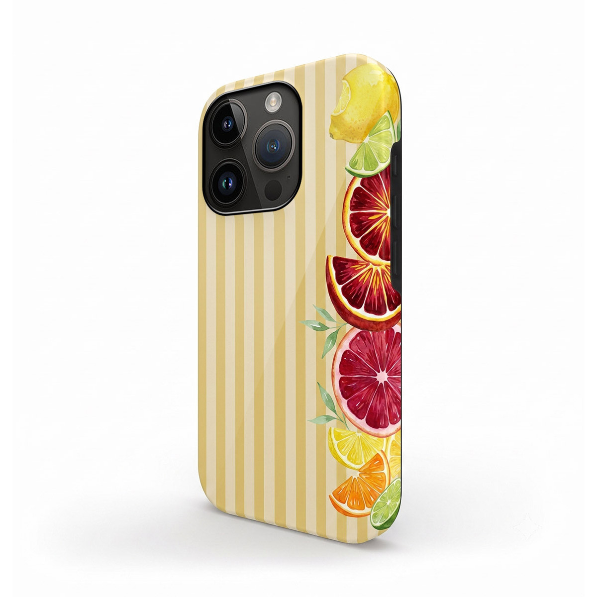 Funda de teléfono con rayas amarillas y un patrón de limones, limas y rodajas de naranja roja.