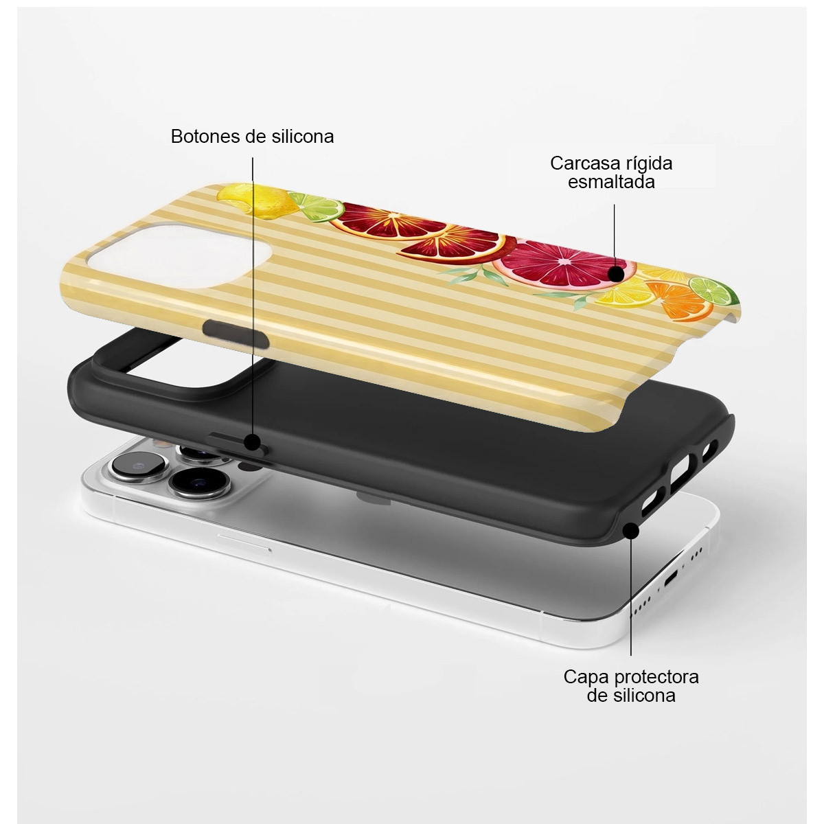 Vista explosionada de una funda con diseño de cítricos, mostrando capa de silicona y carcasa rígida.
