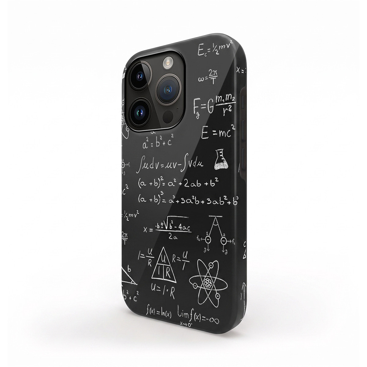 Una funda de móvil negra con fórmulas blancas de física y matemáticas sobre fondo blanco.
