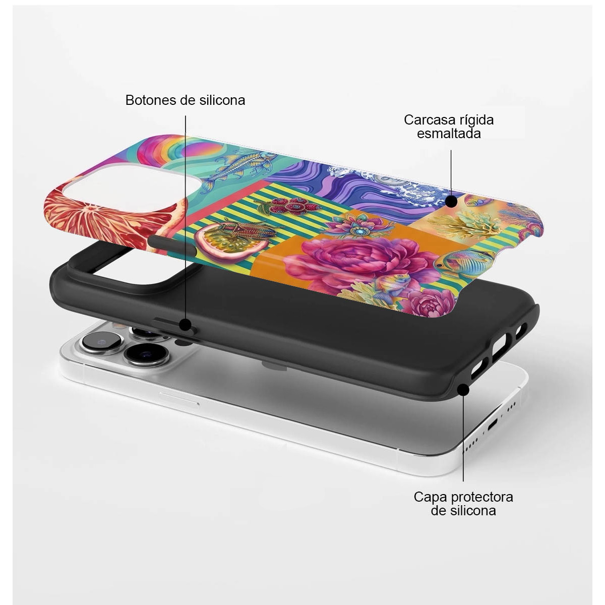 Vista explotada de una funda de móvil colorida con botones de silicona y carcasa rígida sobre un smartphone blanco.