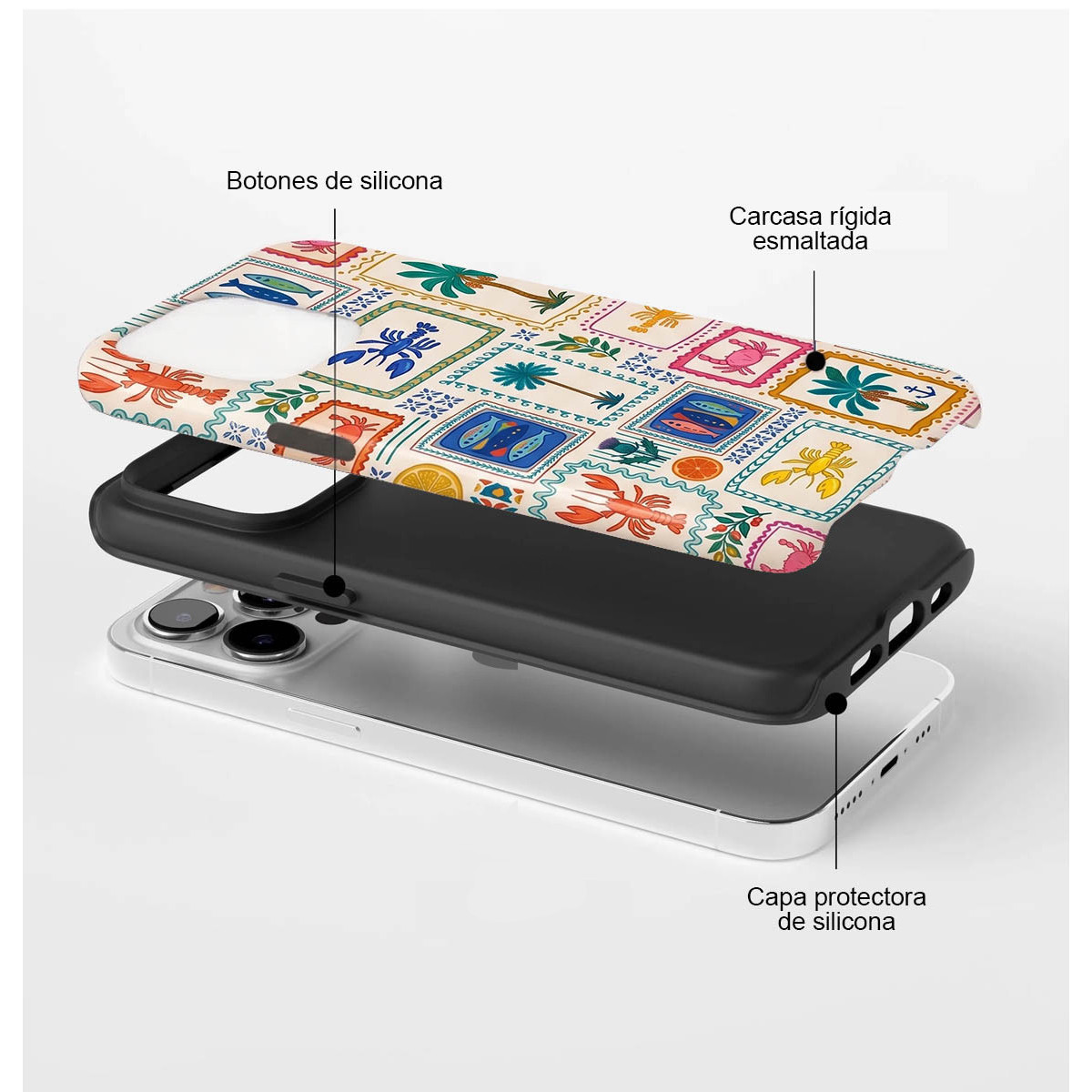 Vista explosionada de una funda para teléfono con sellos coloridos, capa de silicona y el smartphone.