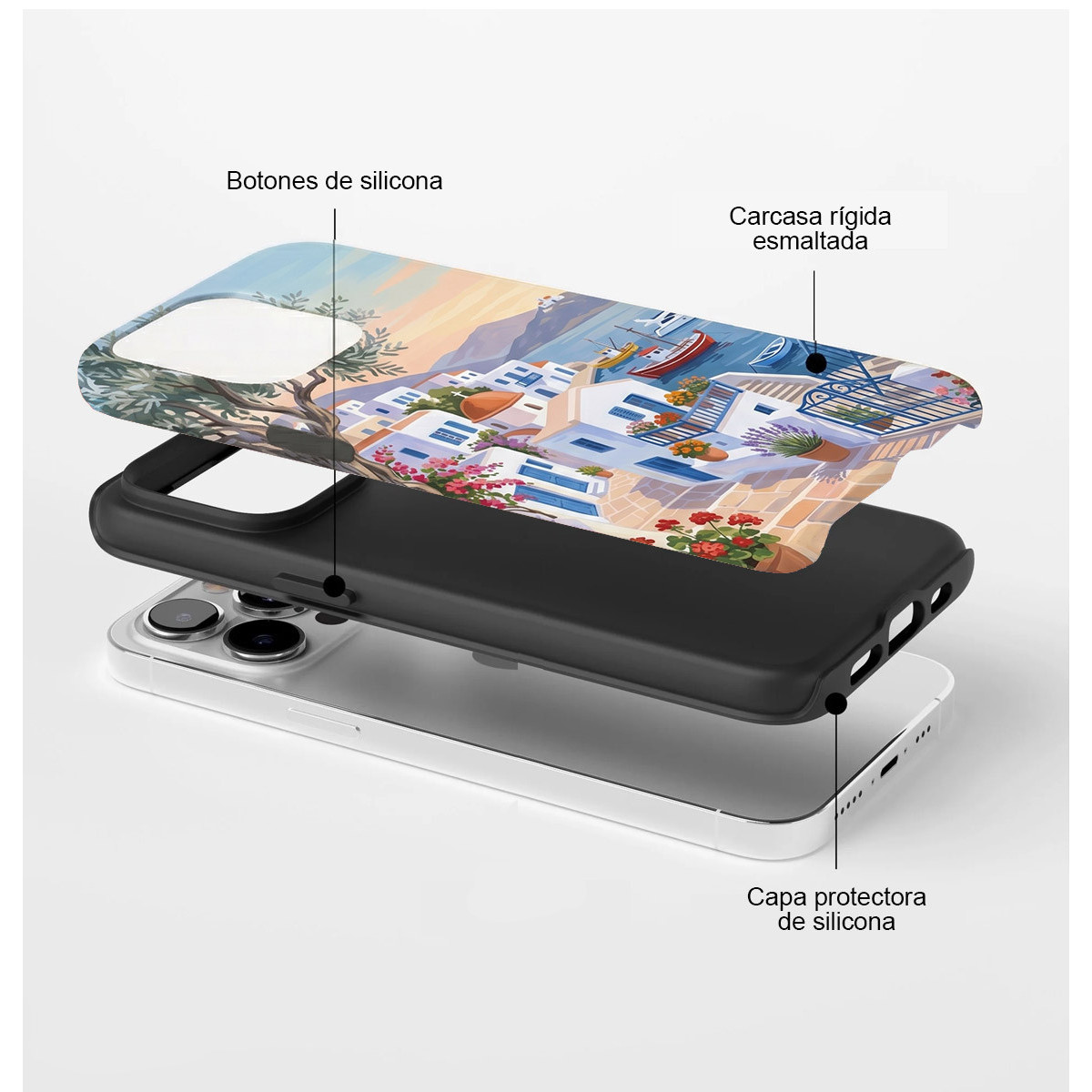 Vista explosionada de una funda para smartphone con capas protectoras y escena costera griega.