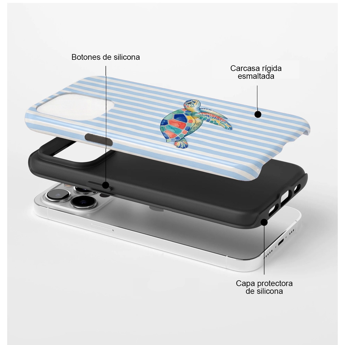 Vista explosionada de una funda de tres piezas con diseño de tortuga en un smartphone.