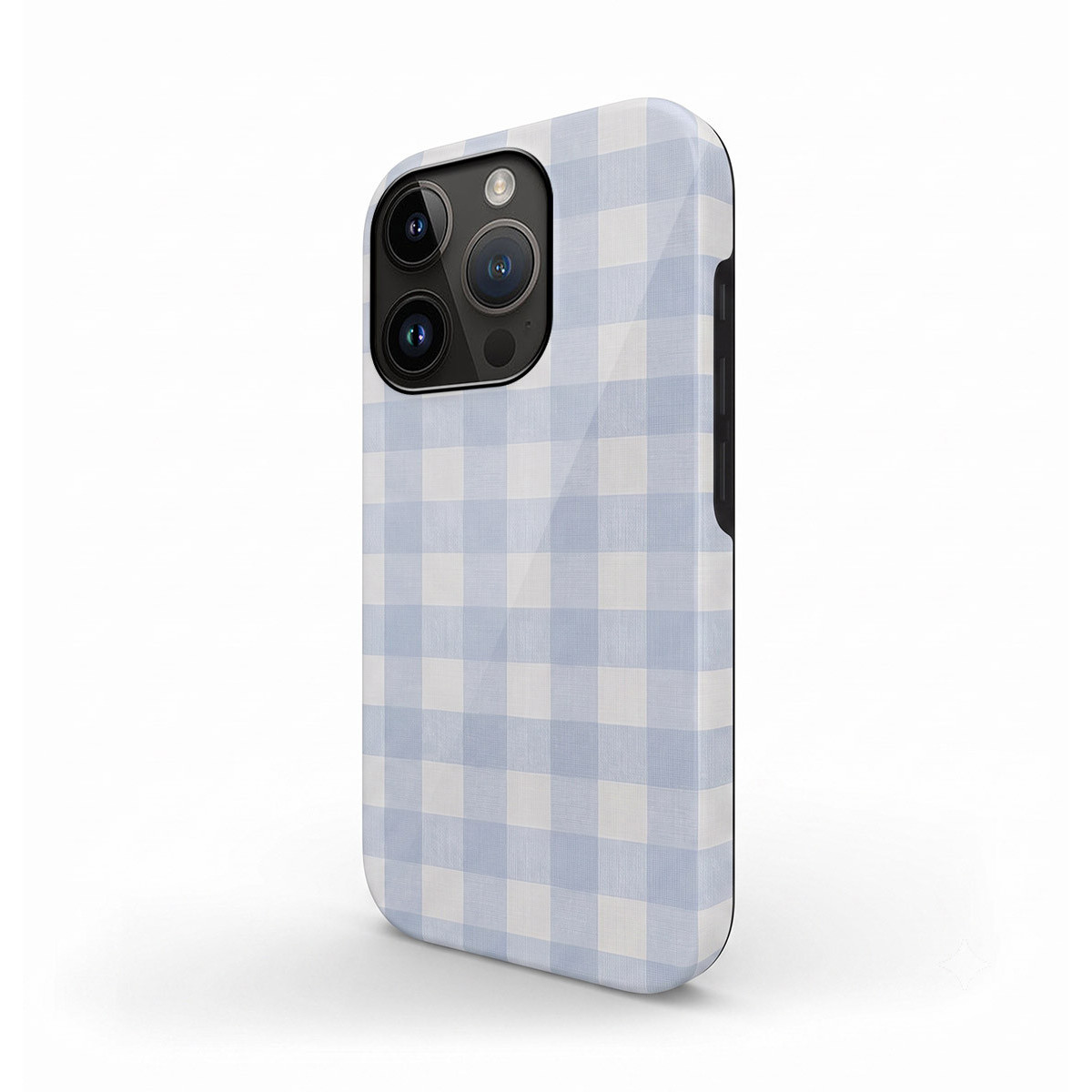 Smartphone con funda de cuadros vichy azules y blancos sobre fondo blanco.