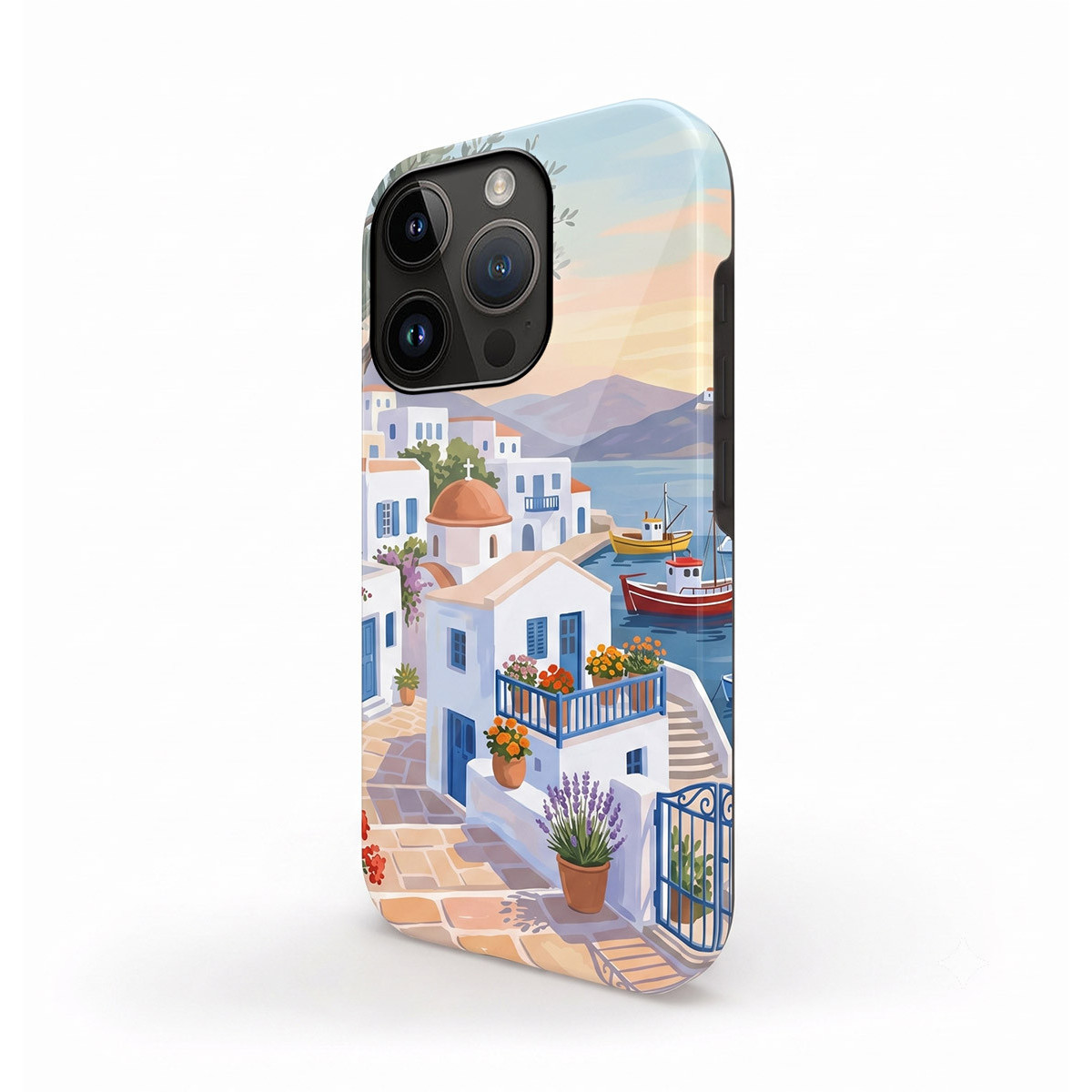 Funda de móvil con una escena costera griega pintada, casas blancas, mar azul y barcos.