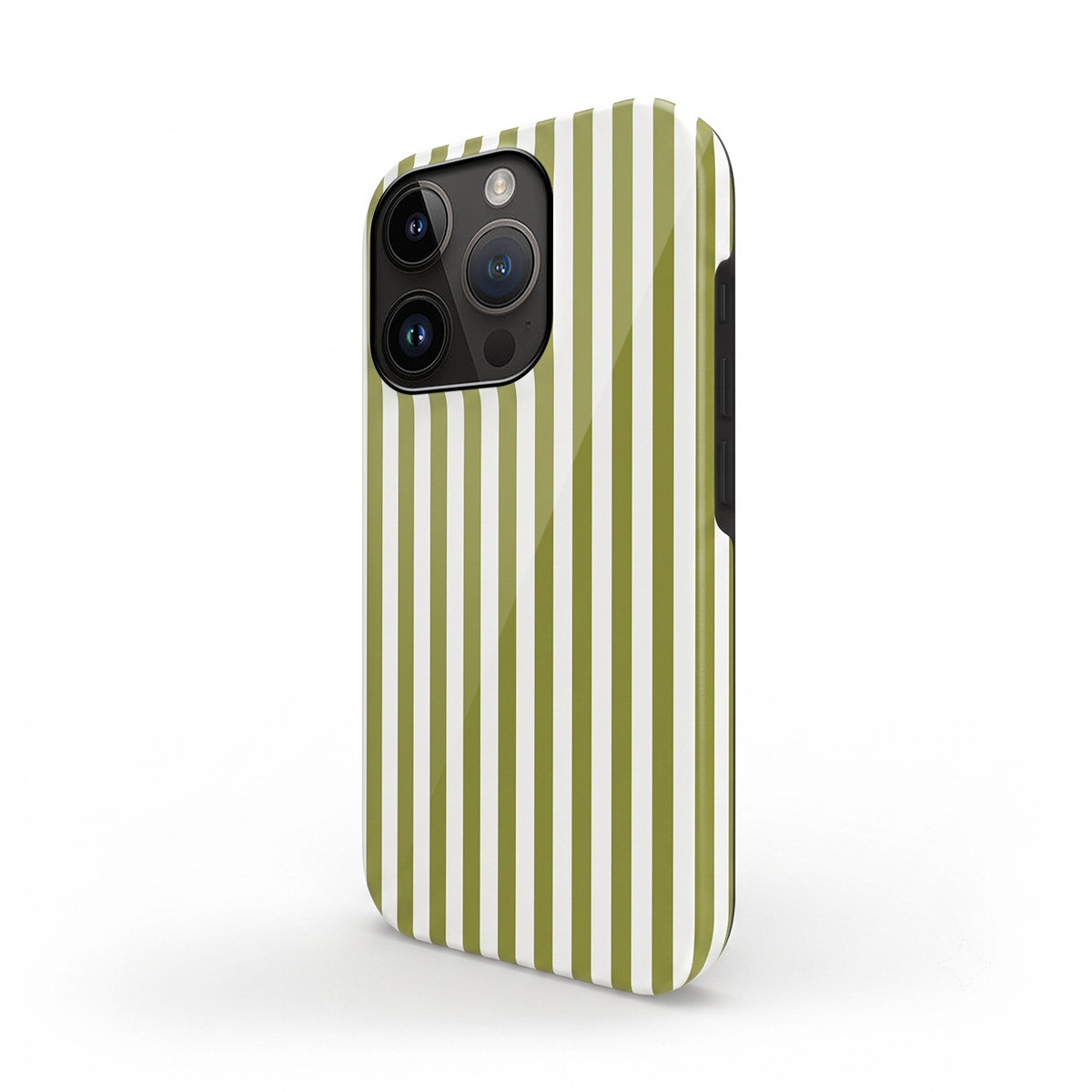 Una funda para teléfono con rayas verticales de color verde oliva y blanco sobre fondo blanco.