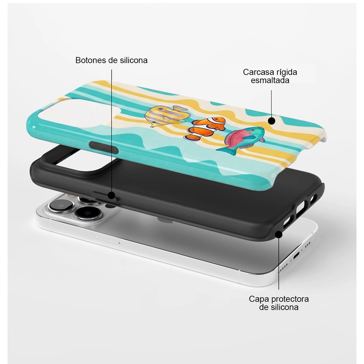 Vista explotada de una funda de teléfono con capa de silicona y carcasa rígida esmaltada con peces.