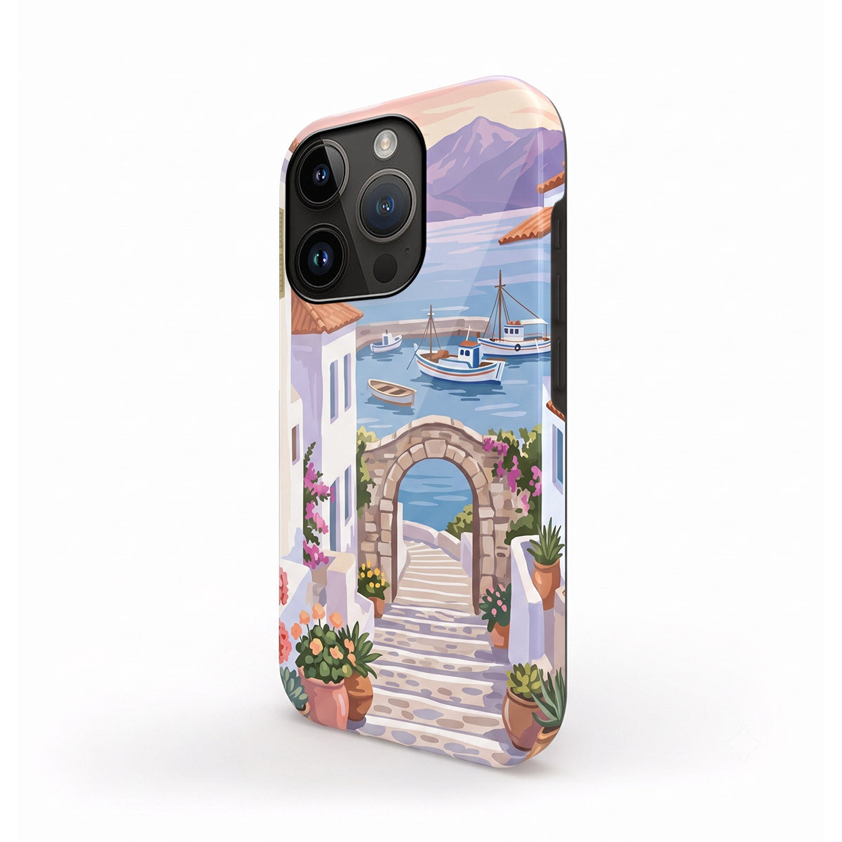 Funda de móvil con arte costero de callejones y barcos.