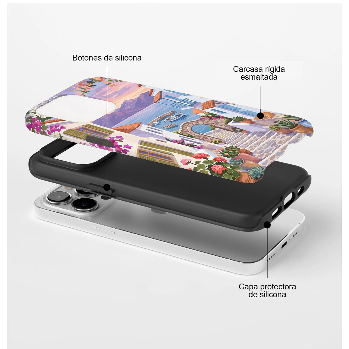 Vista explosionada de una funda de móvil multicapa con escena costera griega y etiquetas de texto en español.