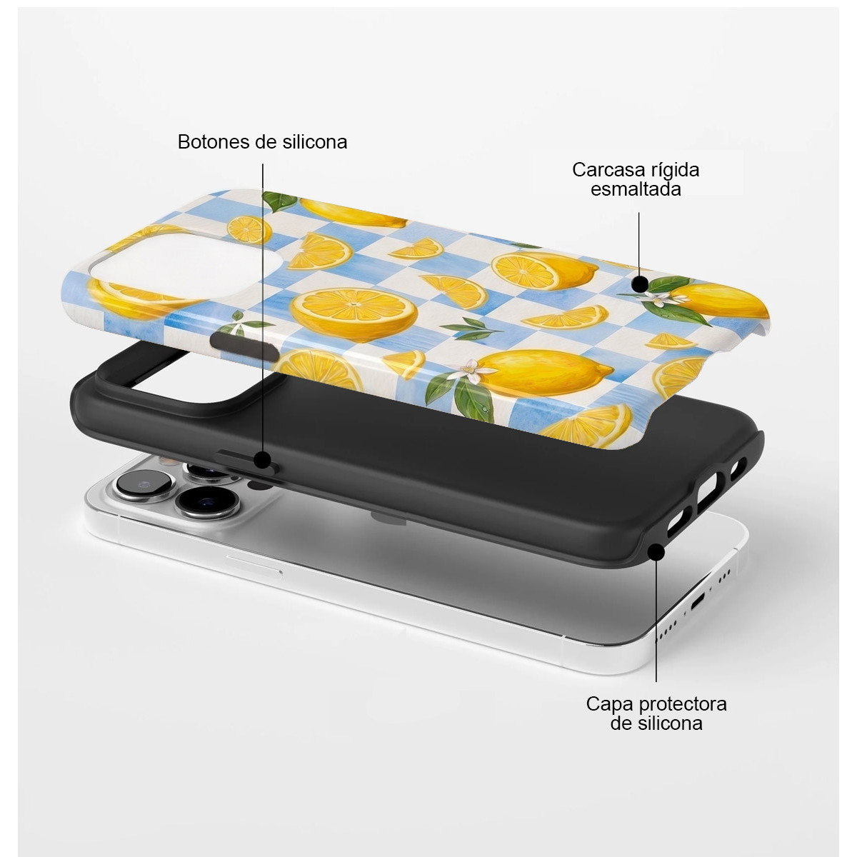 Vista explosionada de funda de móvil con patrón de limones, capa de silicona y carcasa esmaltada.