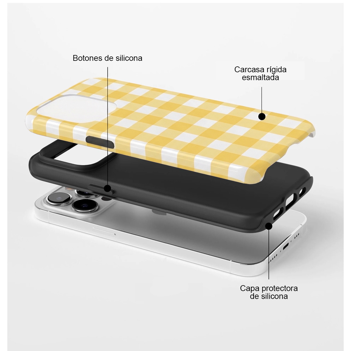 Vista explosionada de una funda de teléfono a cuadros amarillos y blancos con capa de silicona sobre un smartphone.