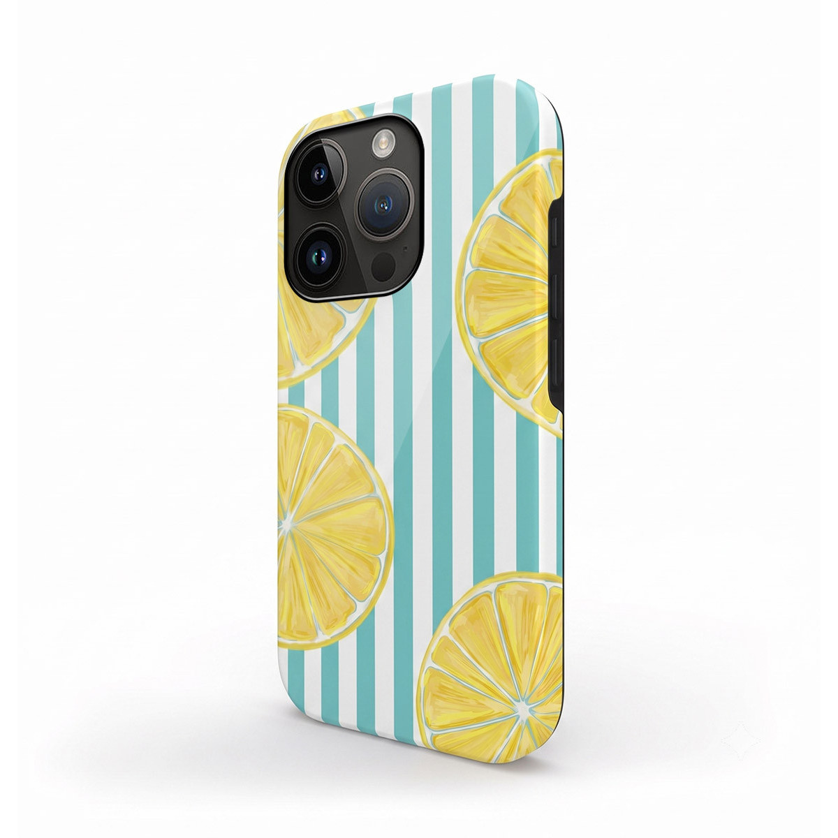 Una funda de móvil con rayas verticales turquesas y blancas y rodajas de limón amarillas.