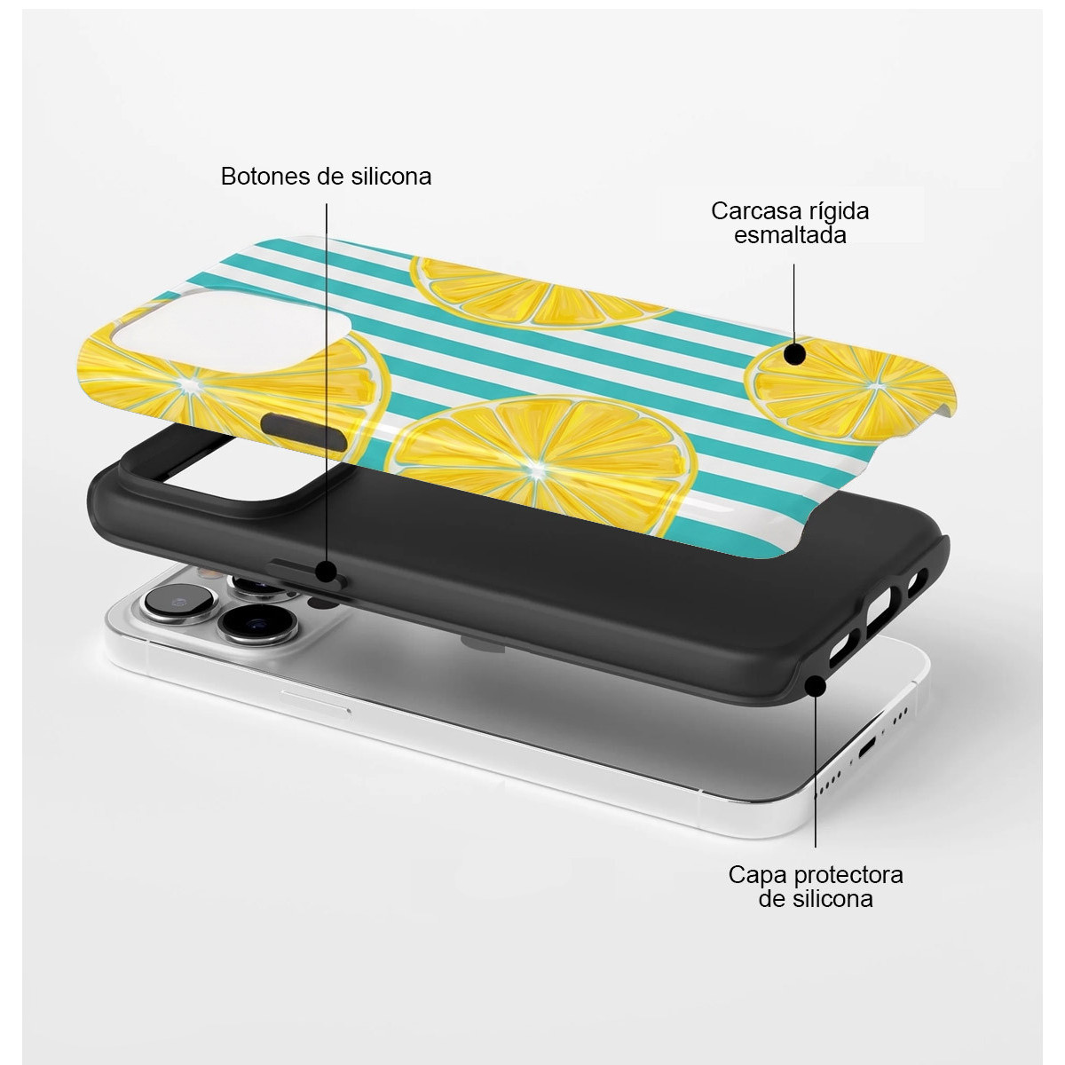 Vista explosionada de una funda con patrón de limones, botones de silicona y capa protectora sobre un teléfono blanco.