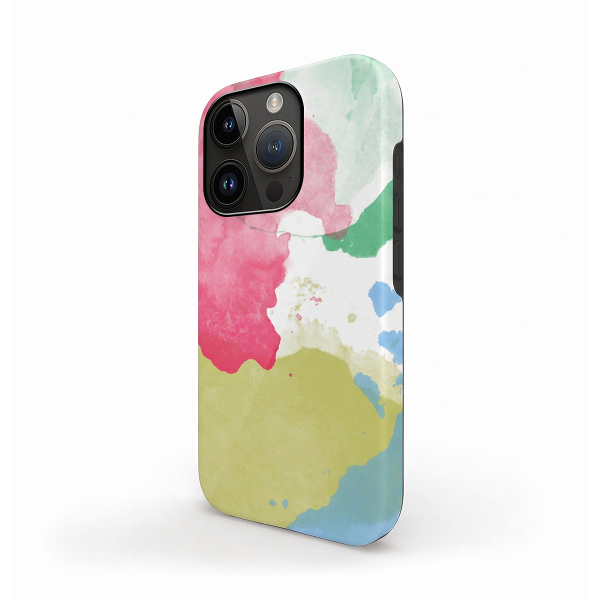Funda de móvil con coloridas salpicaduras de acuarela en rosa, amarillo, verde y azul sobre fondo blanco.