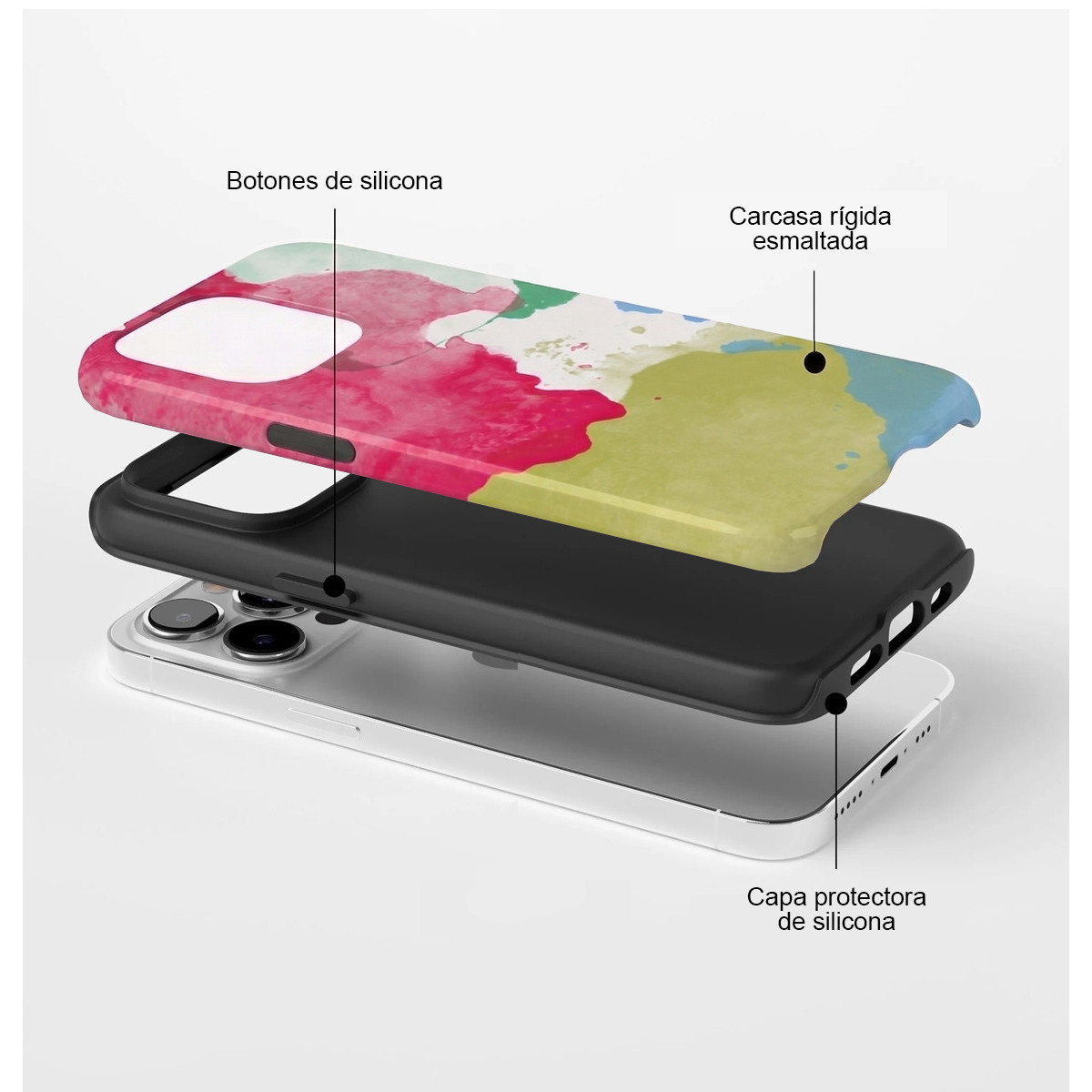 Vista explosionada de una funda para smartphone con carcasa rígida, capa de silicona y botones, sobre fondo blanco.