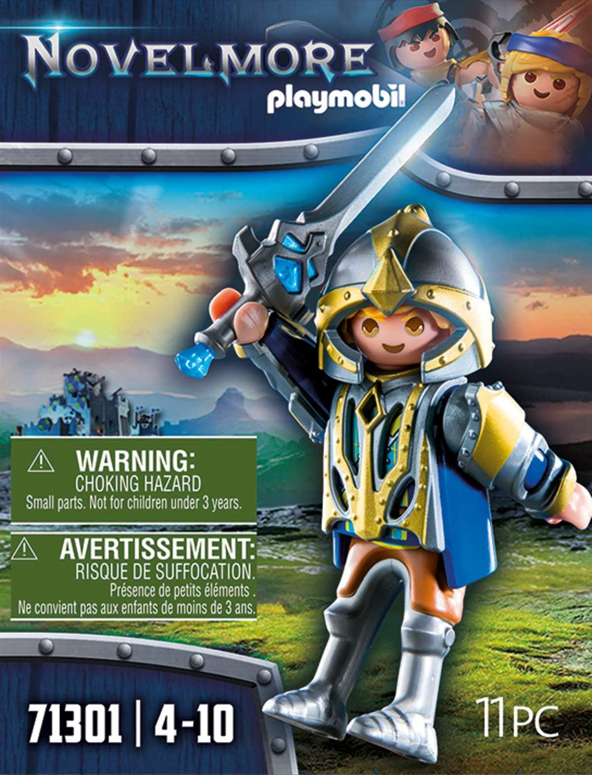 Playmobil Novelmore Ritterfigur mit Schild und Schwert vor Landschaft.