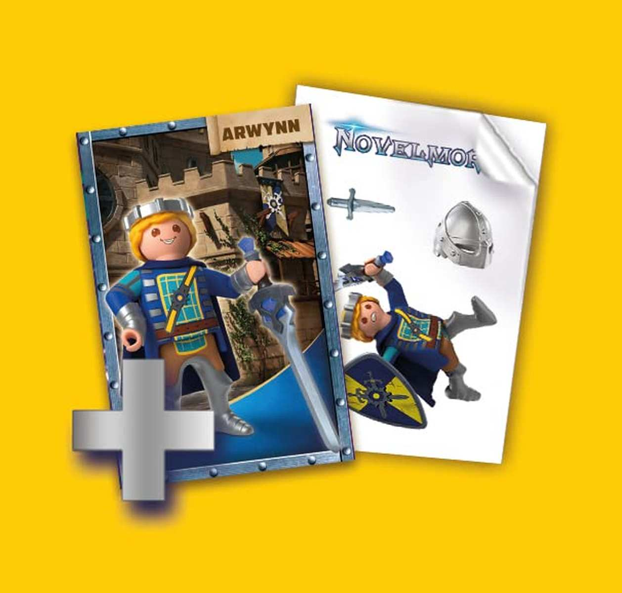Playmobil Novelmore Arwynn Figur mit Schwert und Schild auf Aktionskarten.
