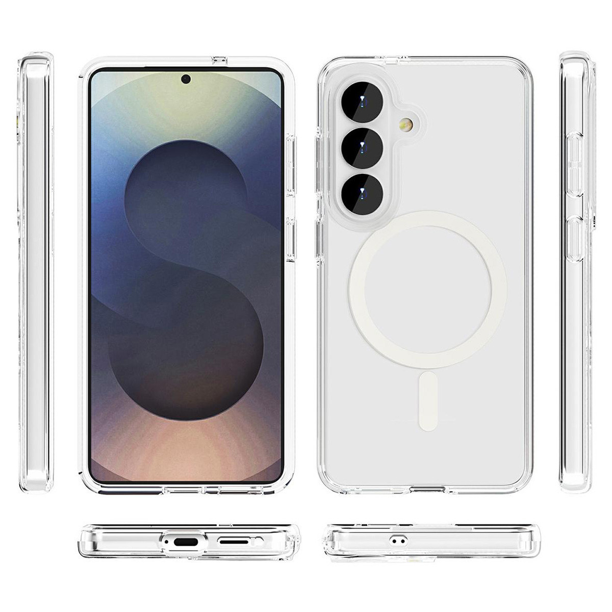 Funda transparente para móvil con anillo MagSafe y aberturas para cámara y puertos en varios ángulos.