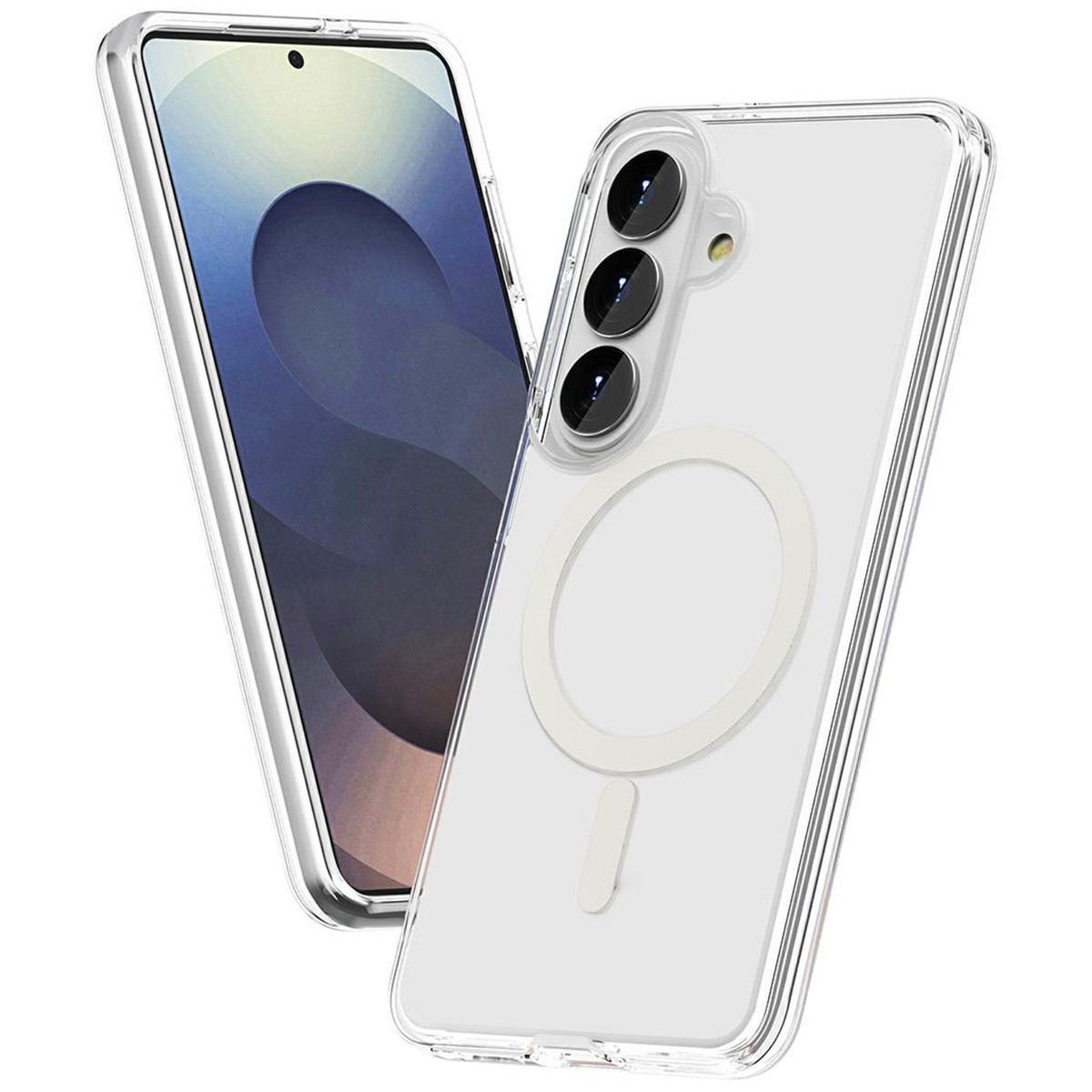 Vista frontal y trasera de un smartphone con funda protectora transparente y anillo MagSafe.