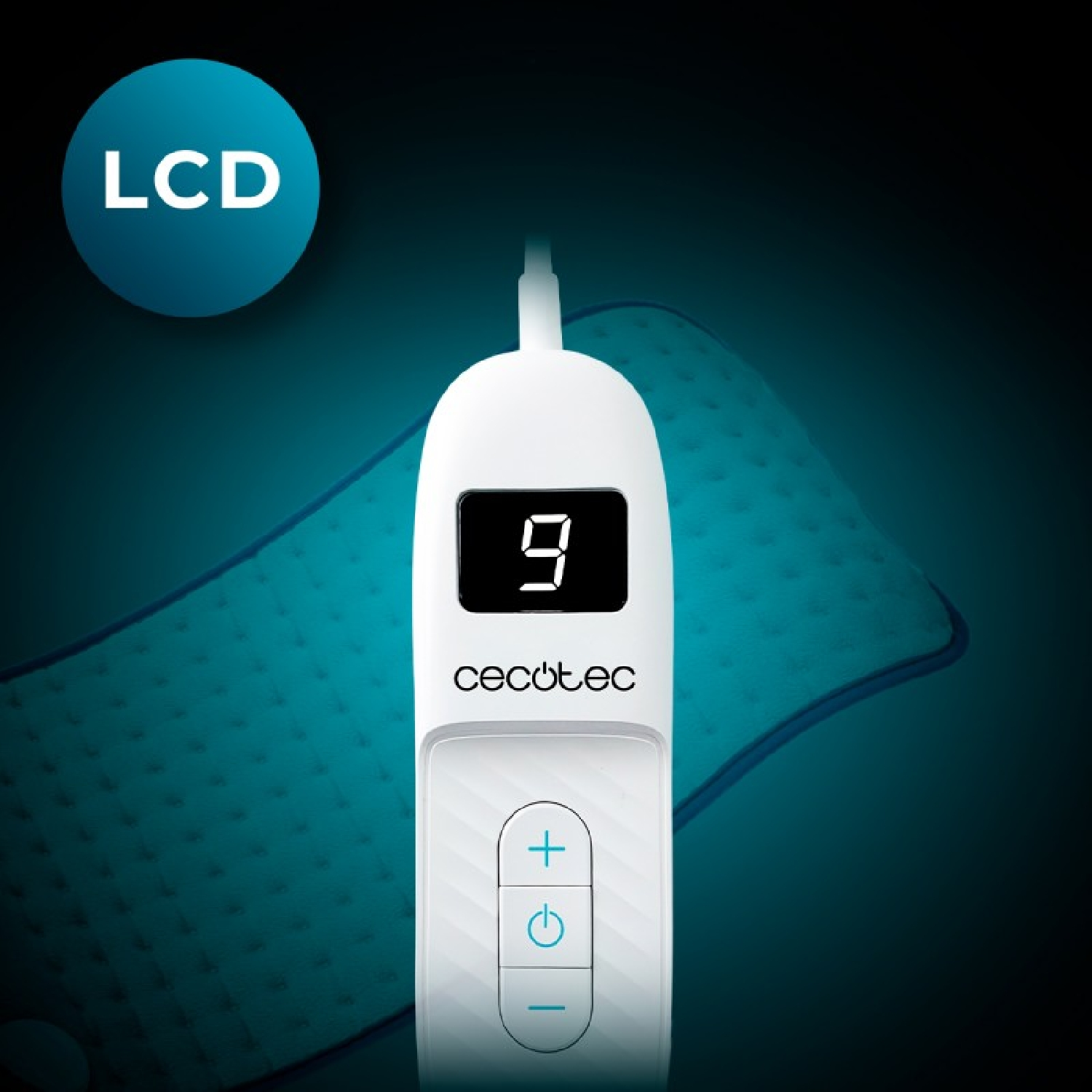 Un controller LCD bianco che mostra il numero nove è posizionato davanti a un termoforo blu.