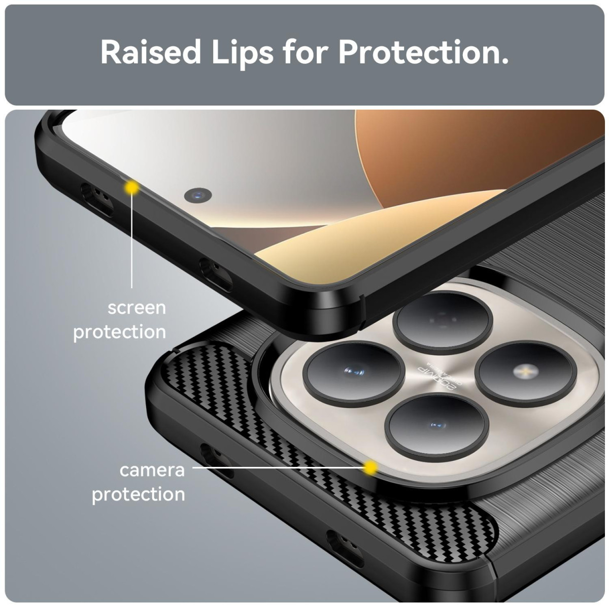 Smartphone en funda protectora destacando bordes elevados para pantalla y cámara.