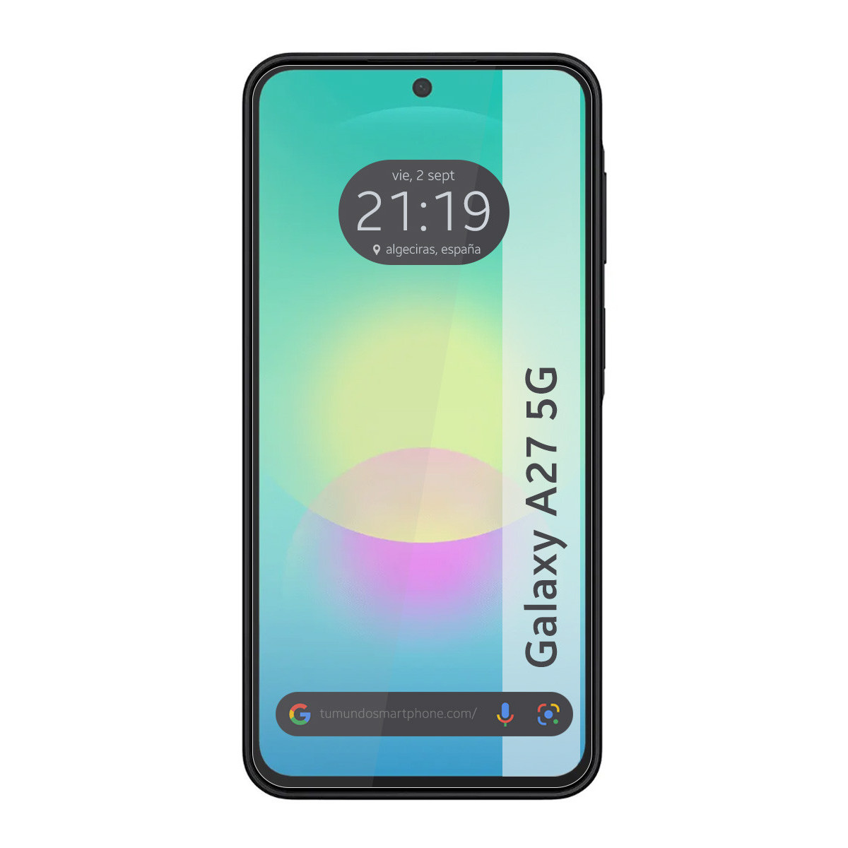 Smartphone Galaxy A27 5G con pantalla colorida y cámara superior.