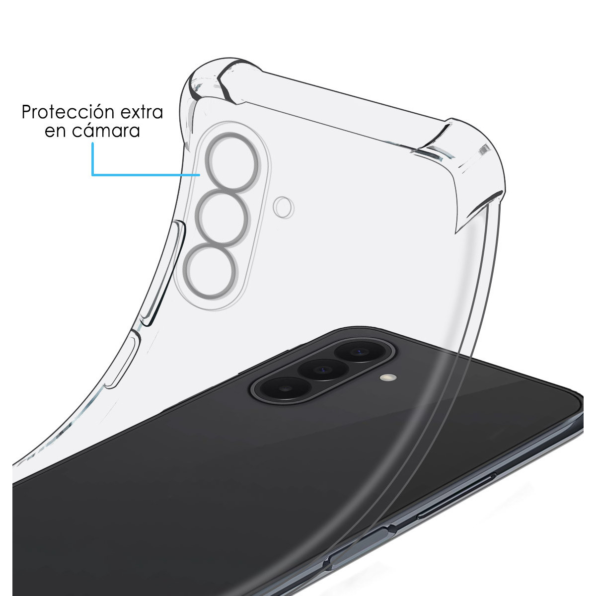 Fundas protectoras transparentes en un smartphone negro con protección extra para la cámara.