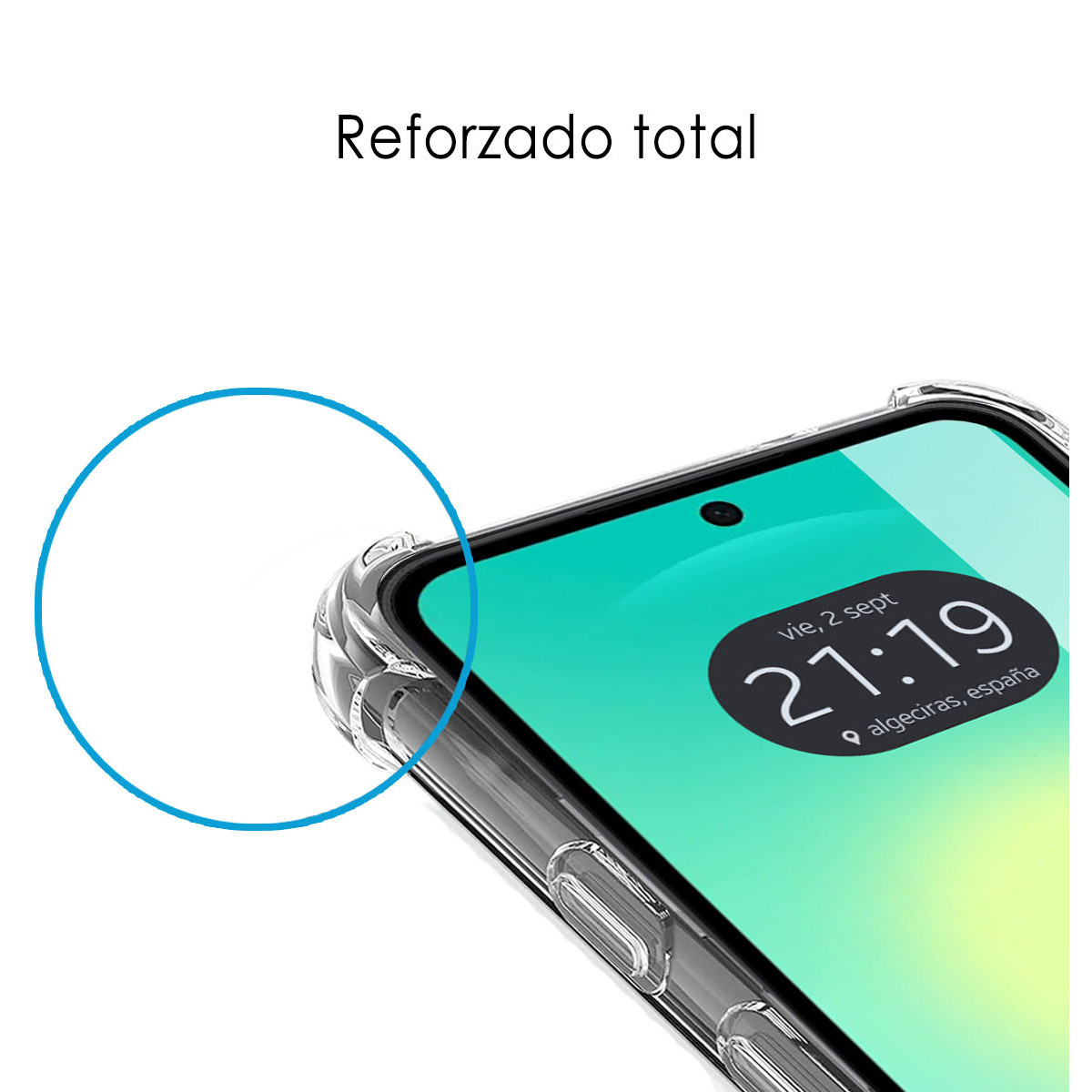 Smartphone en funda protectora con protección de esquinas resaltada y texto Reforzado total.