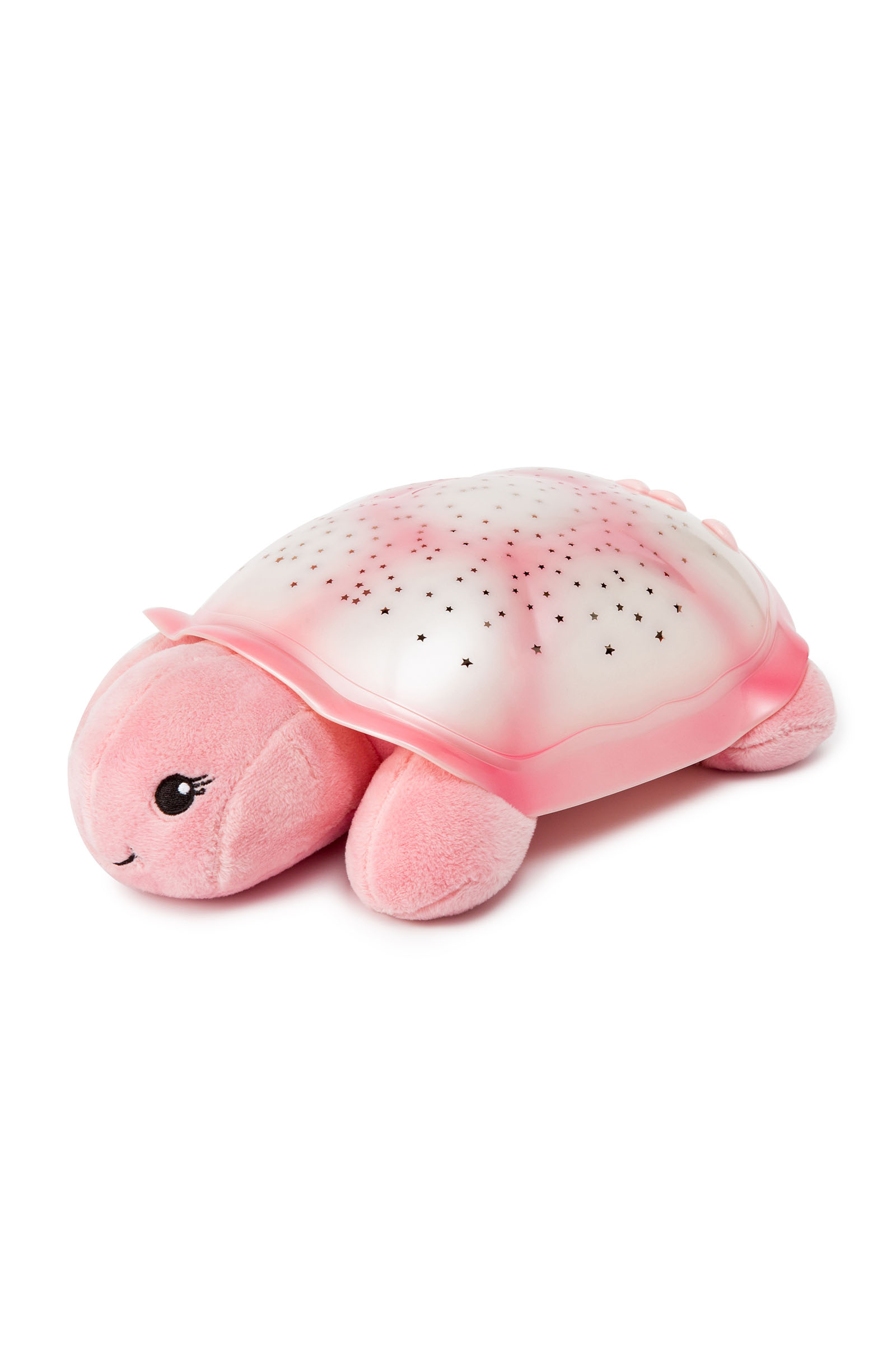 Beyaz arka planda yıldız desenli açık renkli kabuğa sahip pembe peluş kaplumbağa.