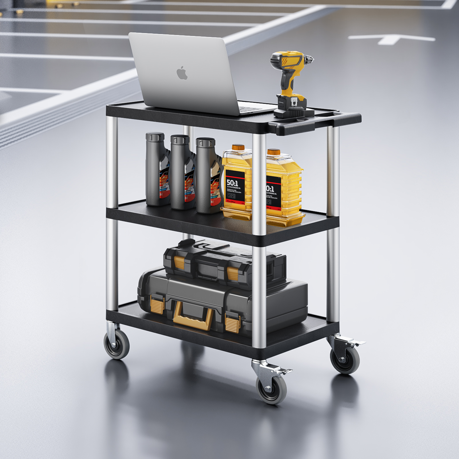 Un carrito utilitario negro sostiene una laptop, taladro, botellas de aceite y cajas de herramientas.