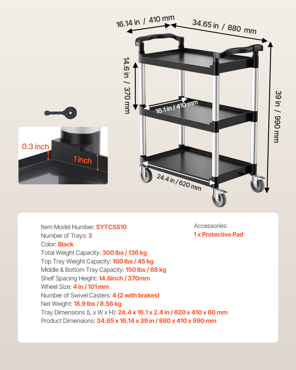 Dibujo técnico y especificaciones de un carrito auxiliar negro de tres niveles con dimensiones.