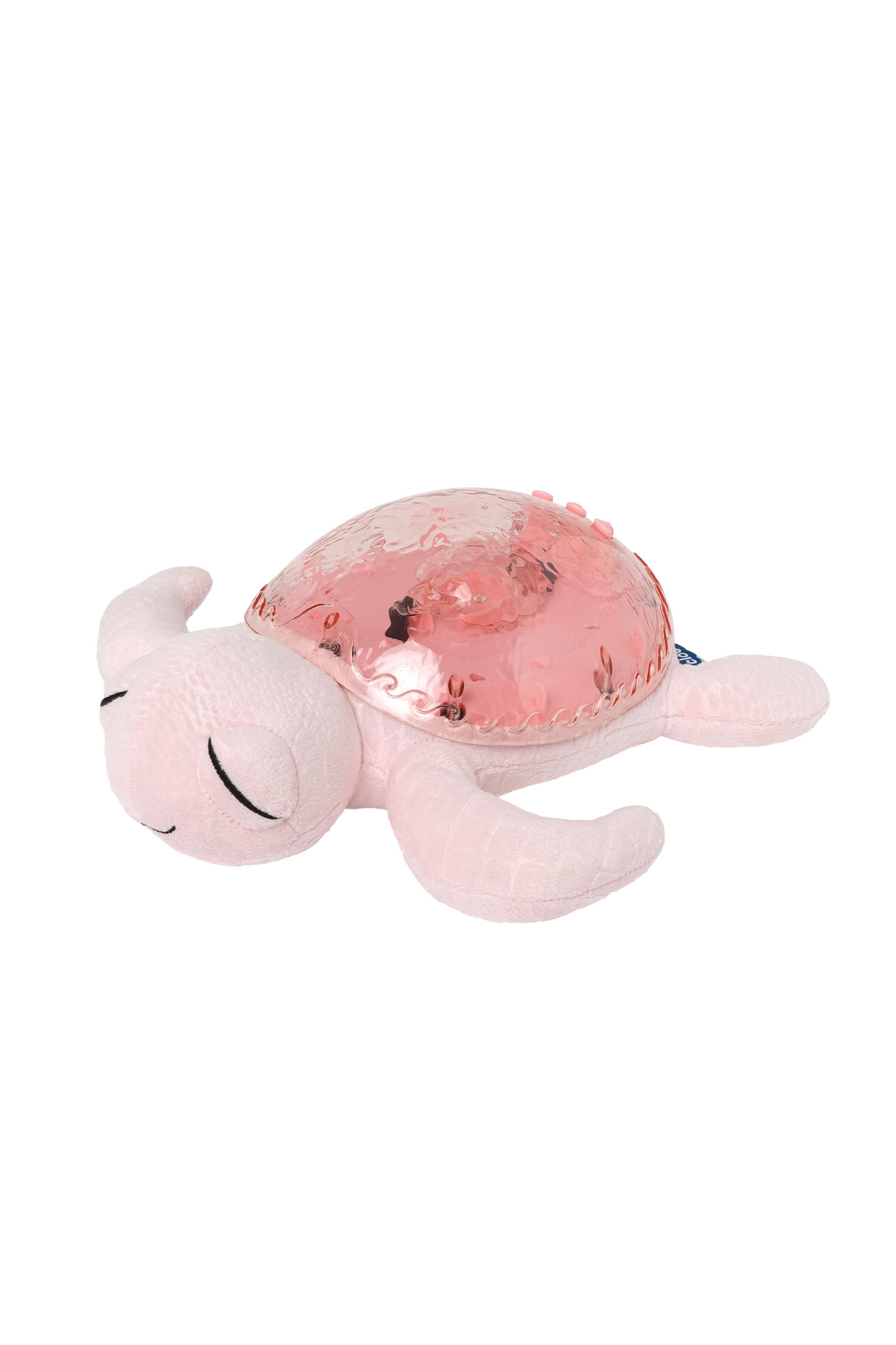 Beyaz arka planda sert, şeffaf pembe plastik kabuğa sahip peluş pembe deniz kaplumbağası oyuncağı.