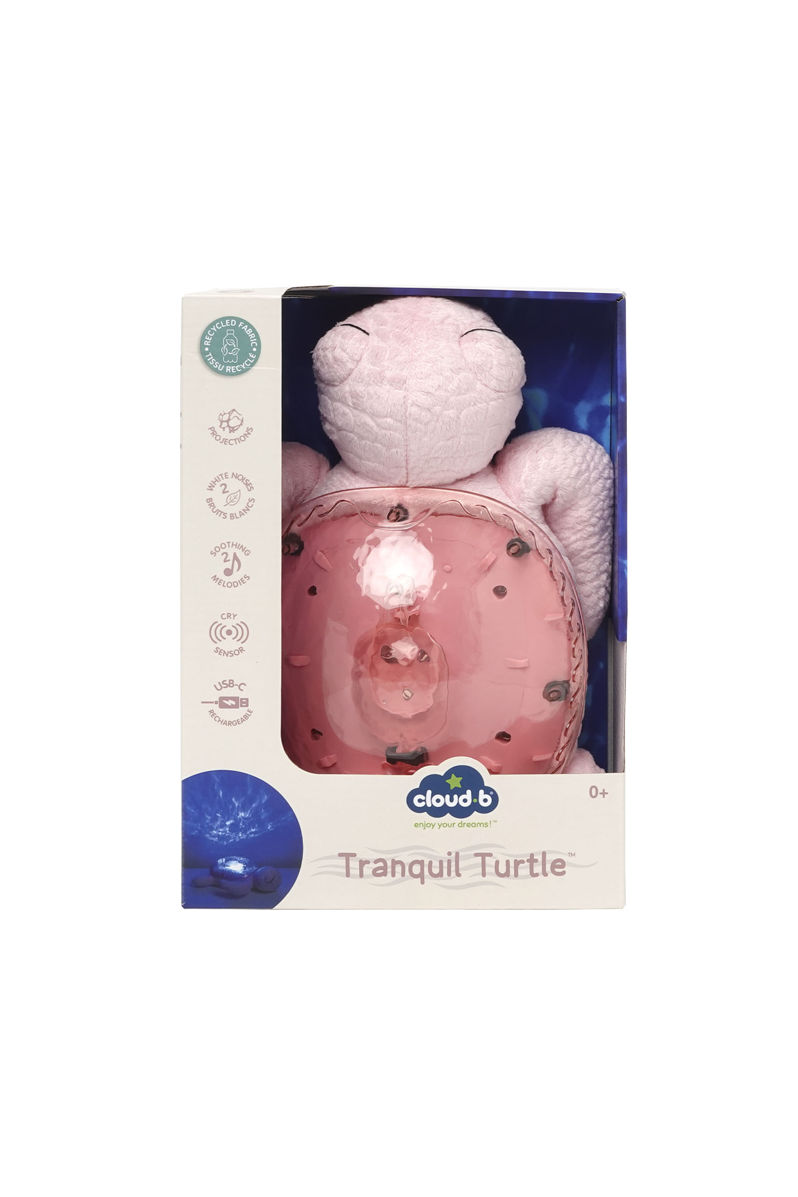 Cloud b Tranquil Turtle pembe peluş kaplumbağa, yarı saydam kabuklu açık ambalajında.