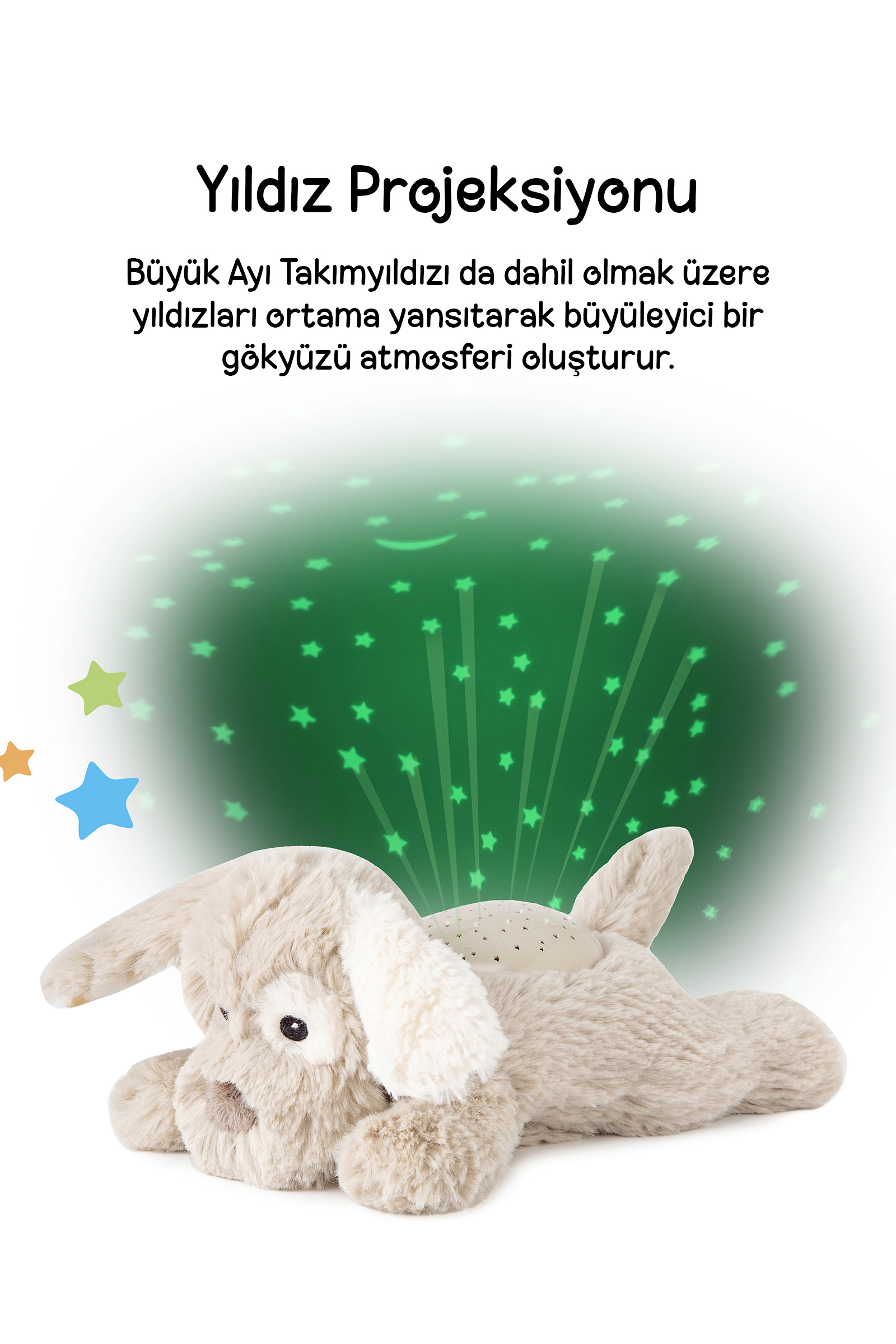 Peluş köpek oyuncağı, üzerinde Türkçe metin olan arka plana yeşil yıldızlar yansıtıyor.