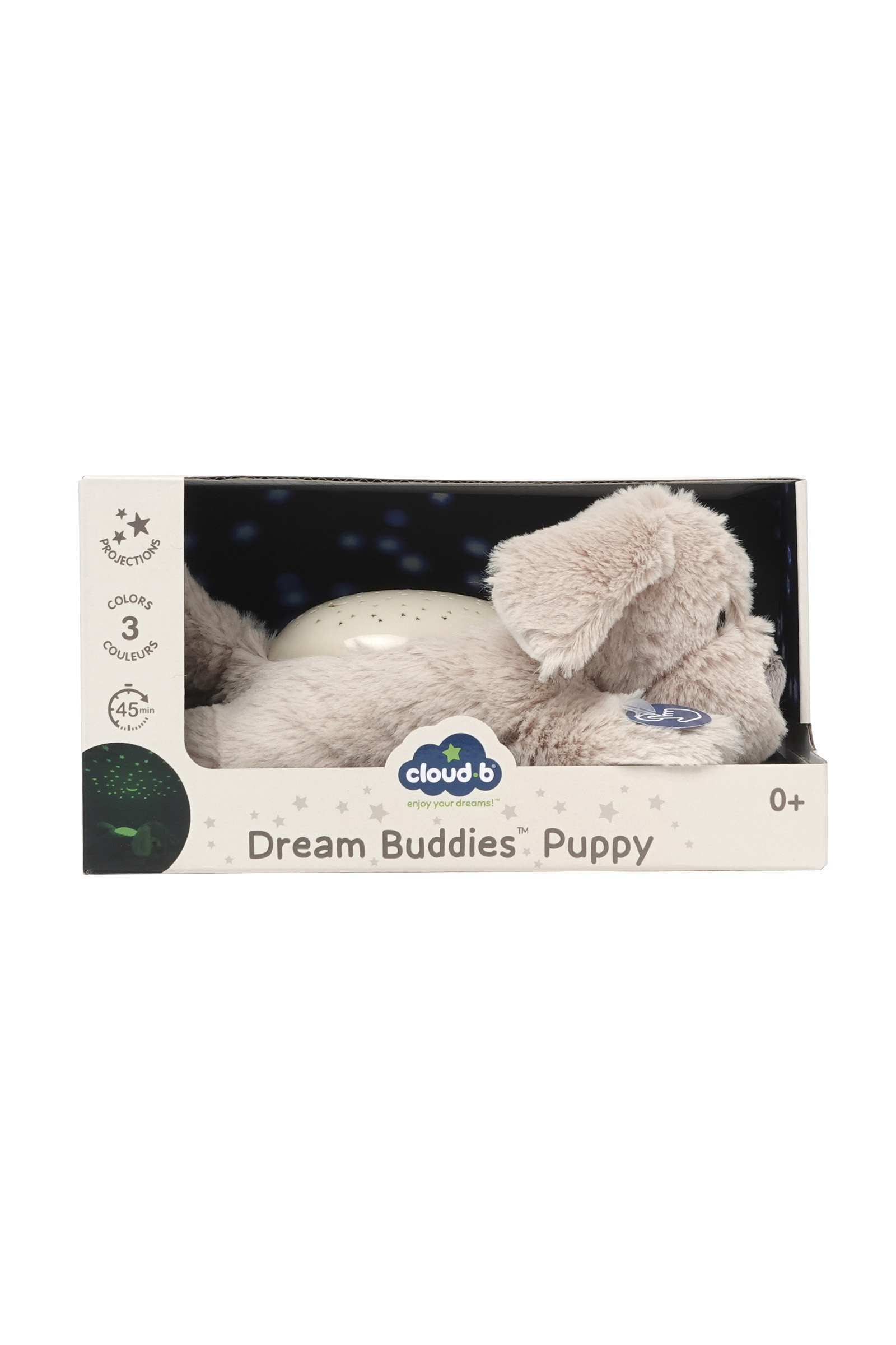 Cloud b yıldız projektörlü kutusunda gri peluş köpek.