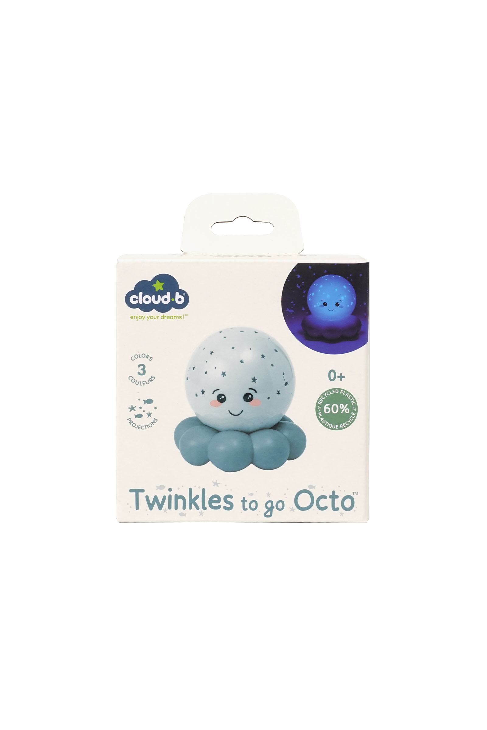 Yıldız projeksiyonlu mavi bir ahtapot gece lambası olan Cloud b Twinkles to go Octo kutusu.