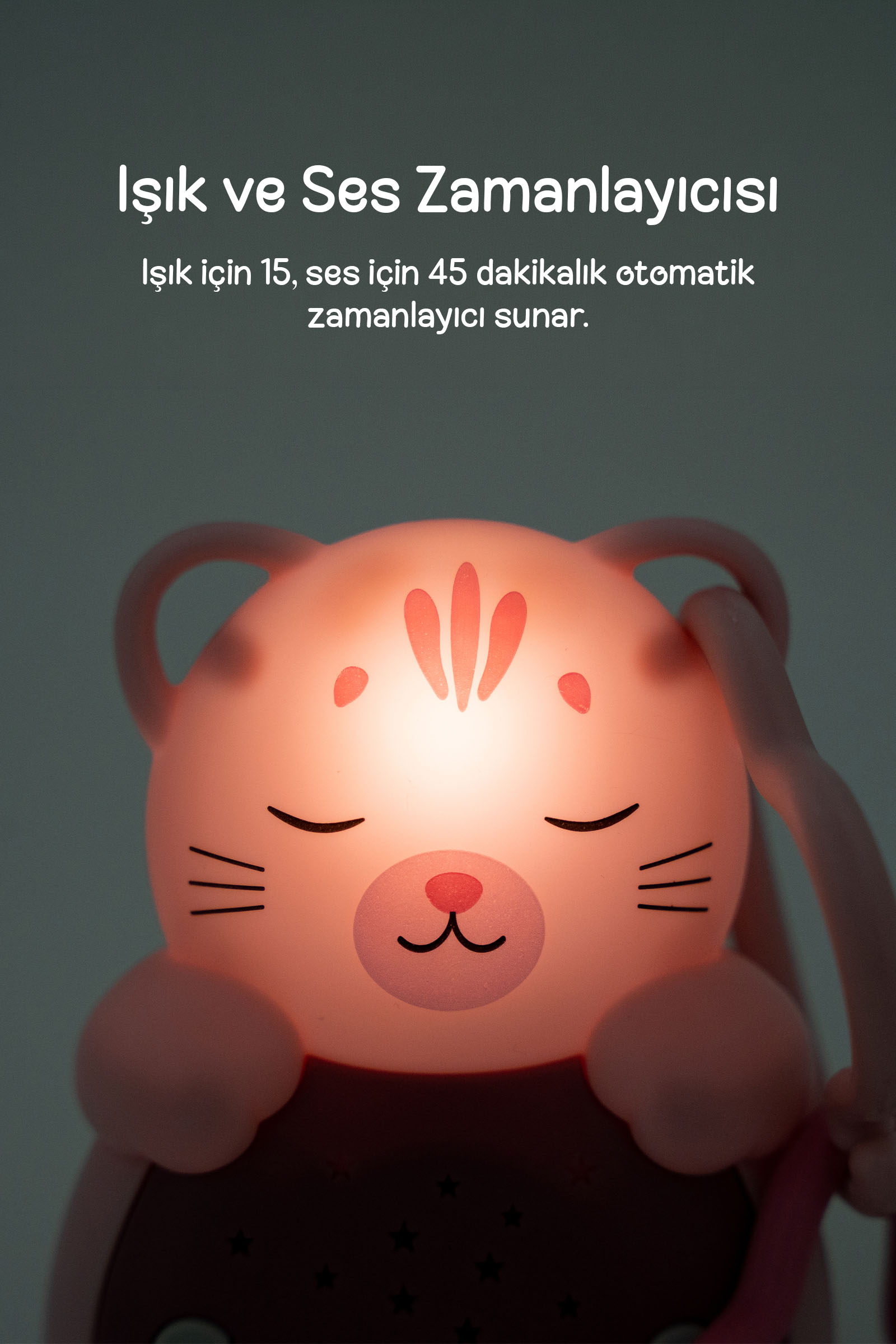 Kapalı gözlü, parlayan pembe kedi şeklinde gece lambası ve üzerinde Türkçe zamanlayıcı metni.