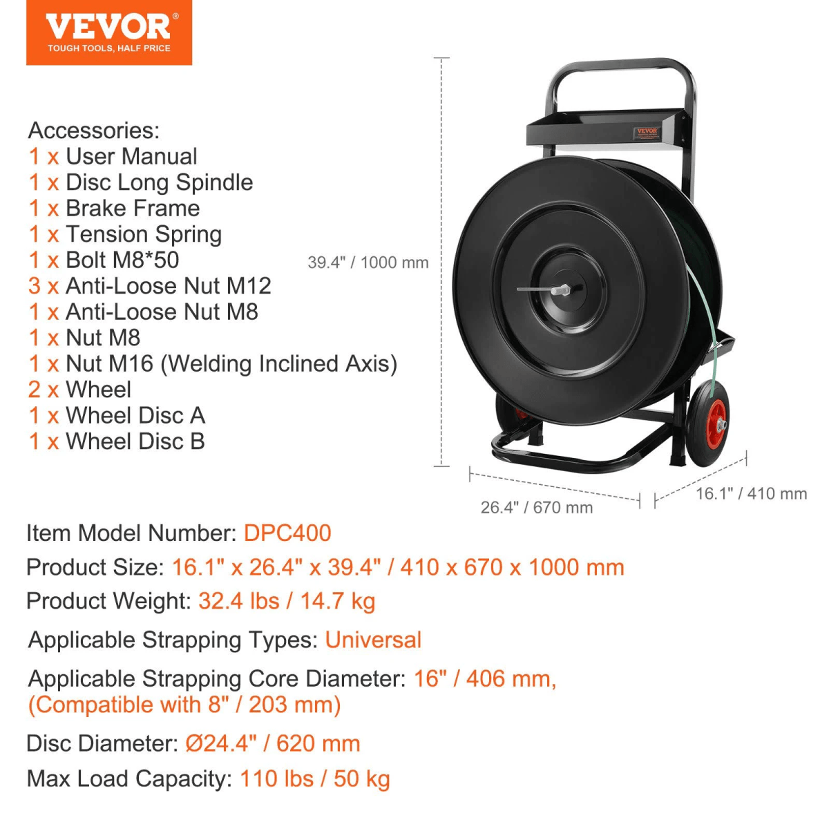 Vista general del carro dispensador de fleje VEVOR DPC400 con dimensiones y accesorios.